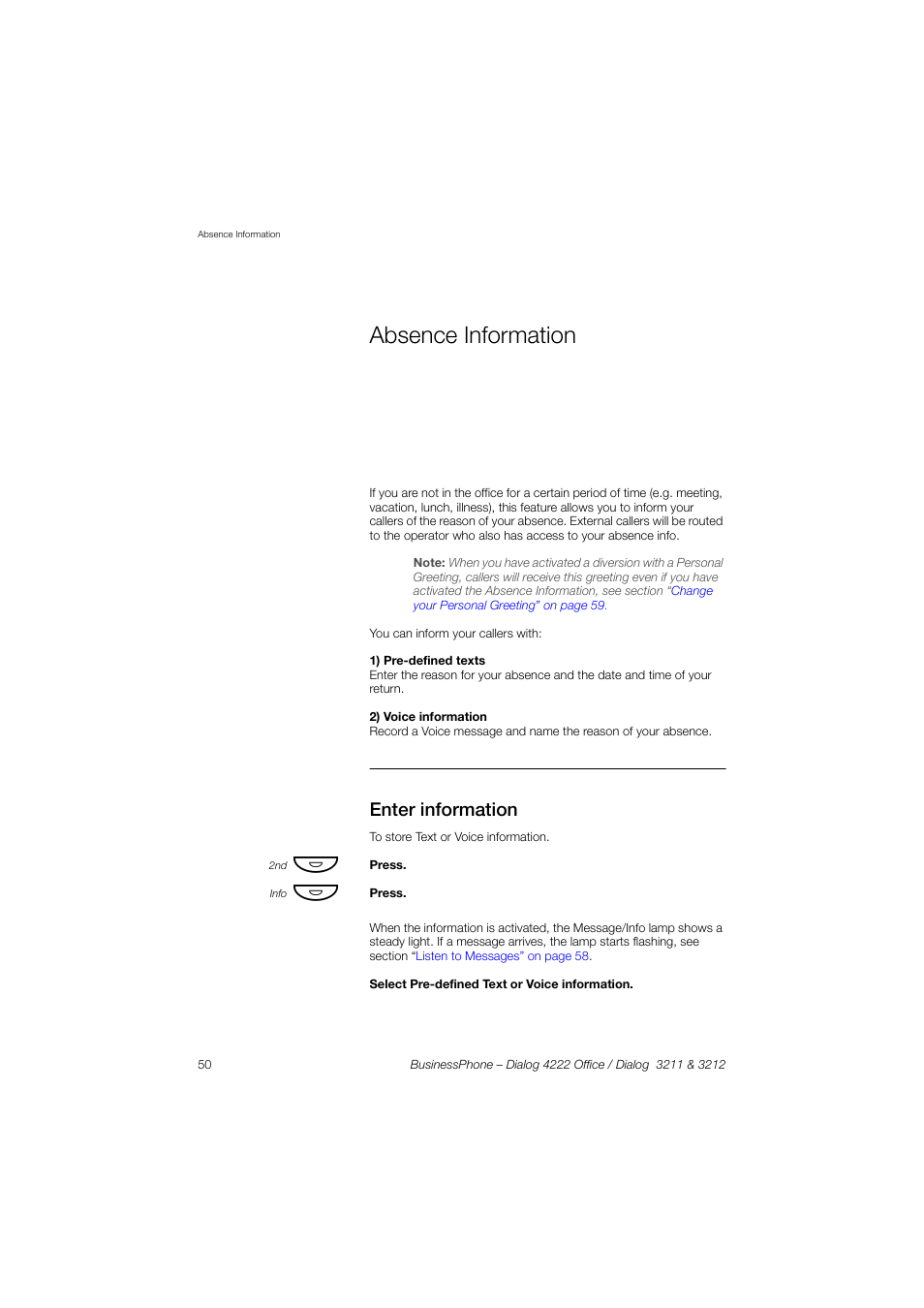 Absence information, Enter information, Absence information” on | AASTRA 4222 Office for BusinessPhone User Guide EN User Manual | Page 50 / 124