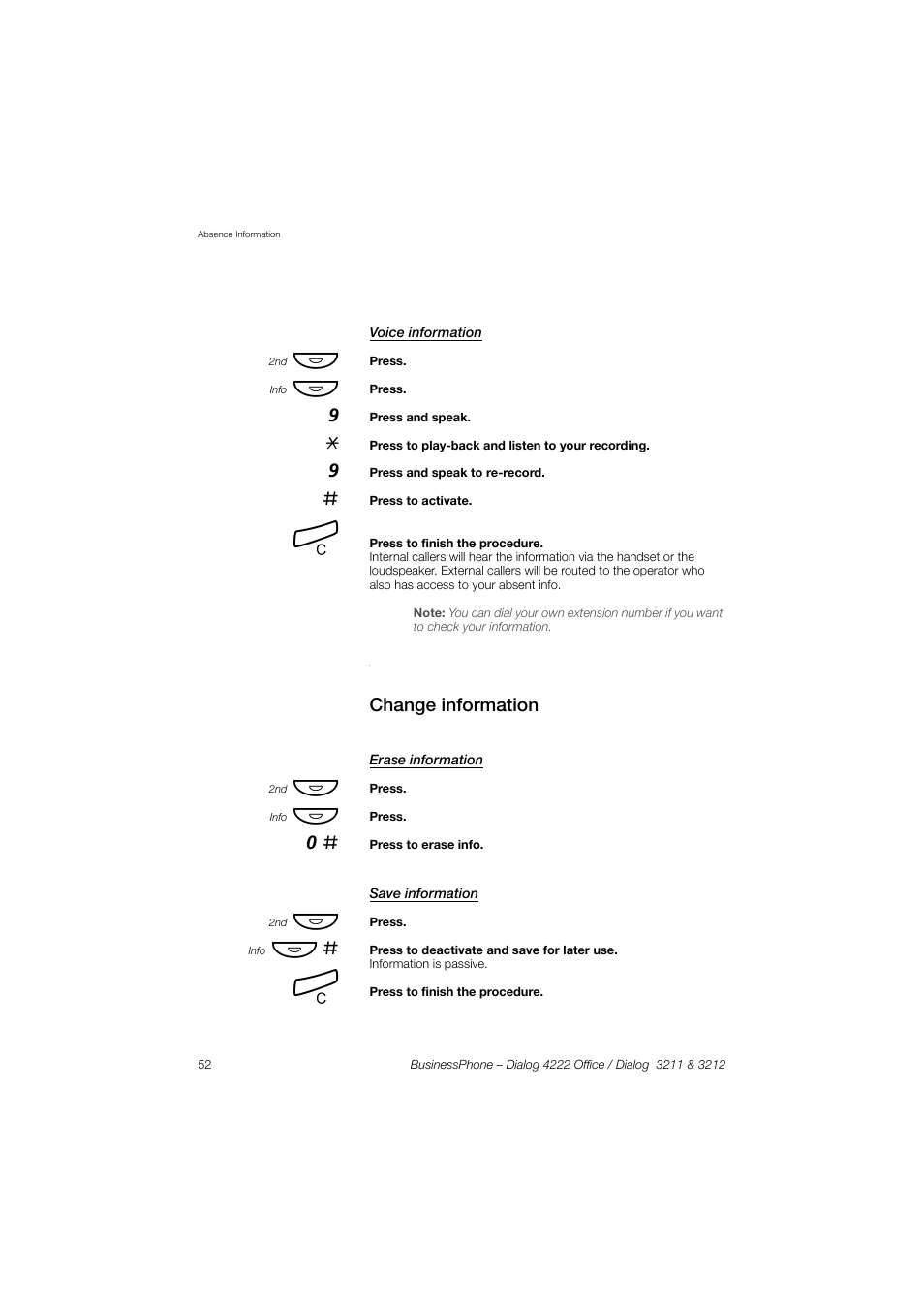 Voice information, Change information, Erase information | Save information | AASTRA 4222 Office for BusinessPhone User Guide EN User Manual | Page 52 / 124