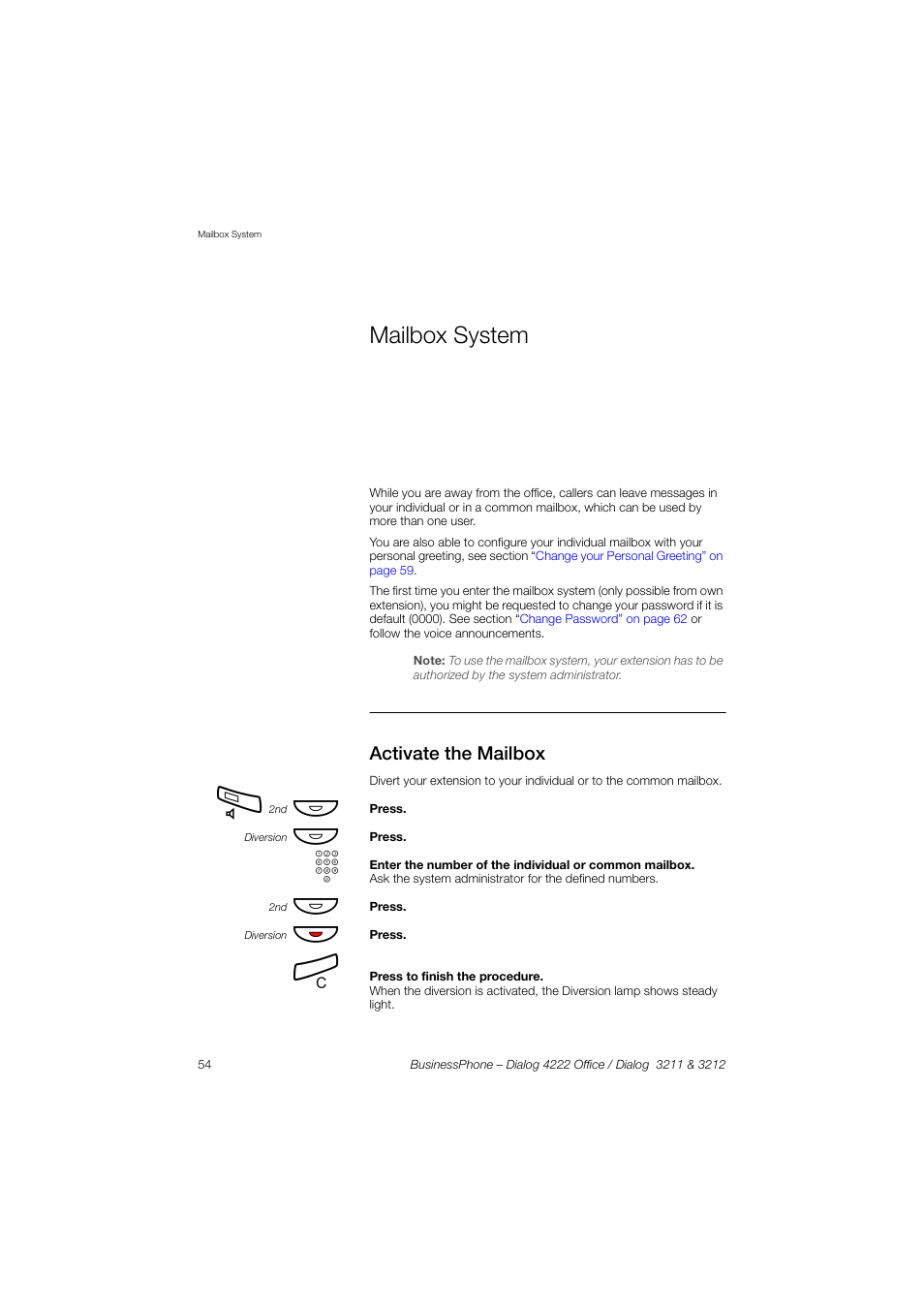 Mailbox system, Activate the mailbox | AASTRA 4222 Office for BusinessPhone User Guide EN User Manual | Page 54 / 124