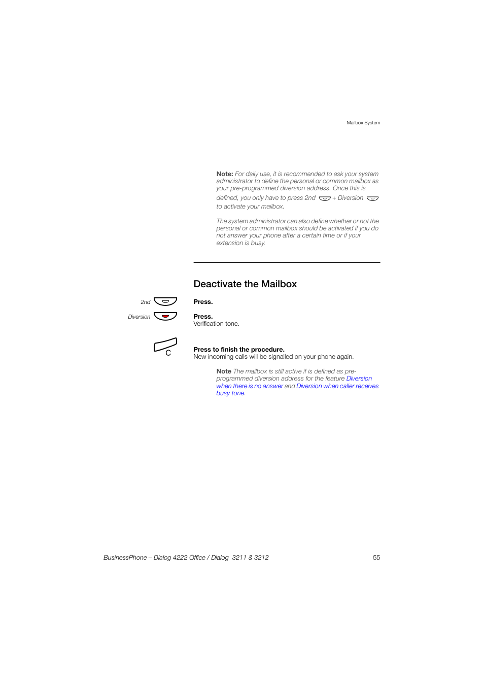 Deactivate the mailbox | AASTRA 4222 Office for BusinessPhone User Guide EN User Manual | Page 55 / 124