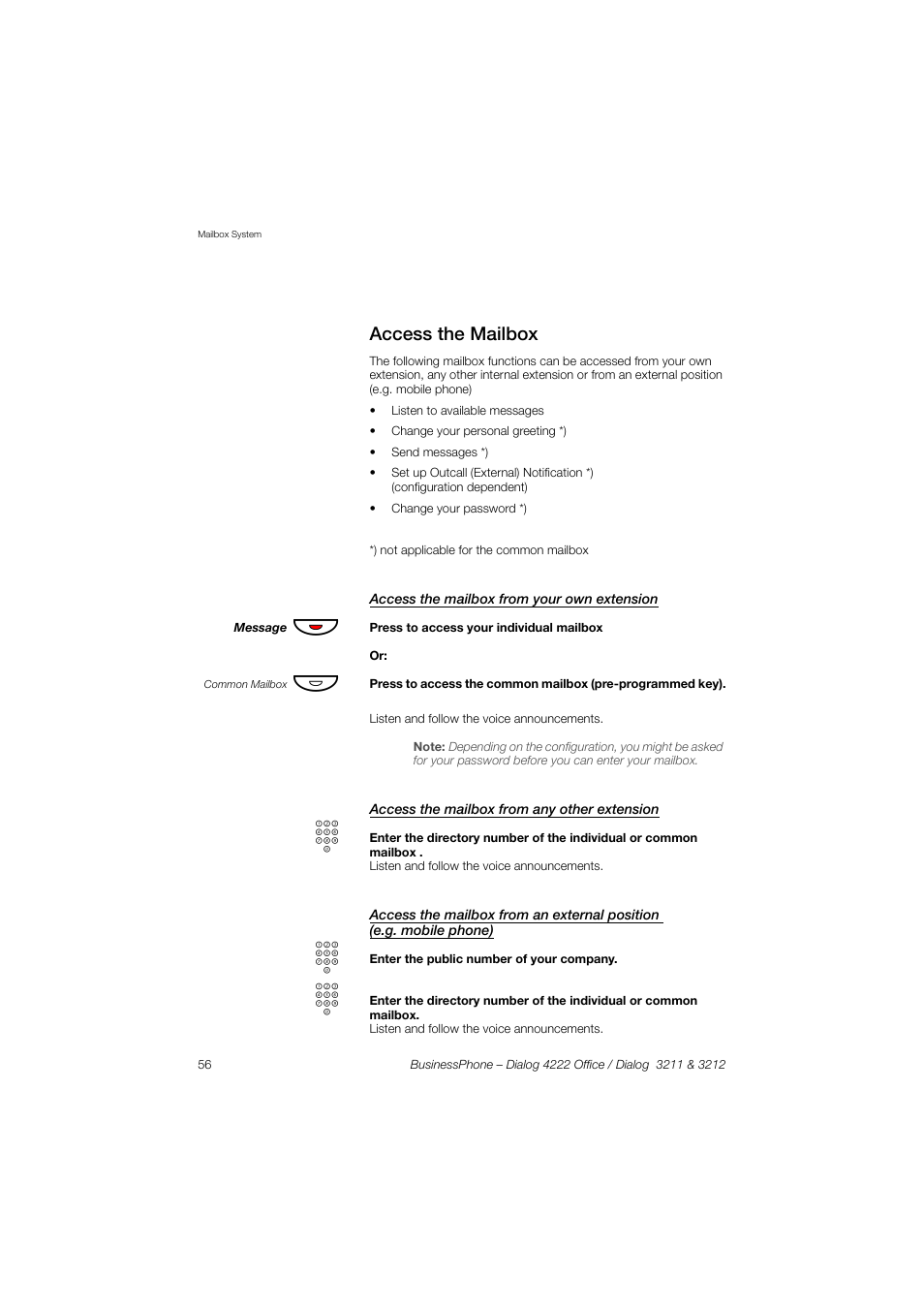 Access the mailbox, Access the mailbox from your own extension, Access the mailbox from any other extension | AASTRA 4222 Office for BusinessPhone User Guide EN User Manual | Page 56 / 124