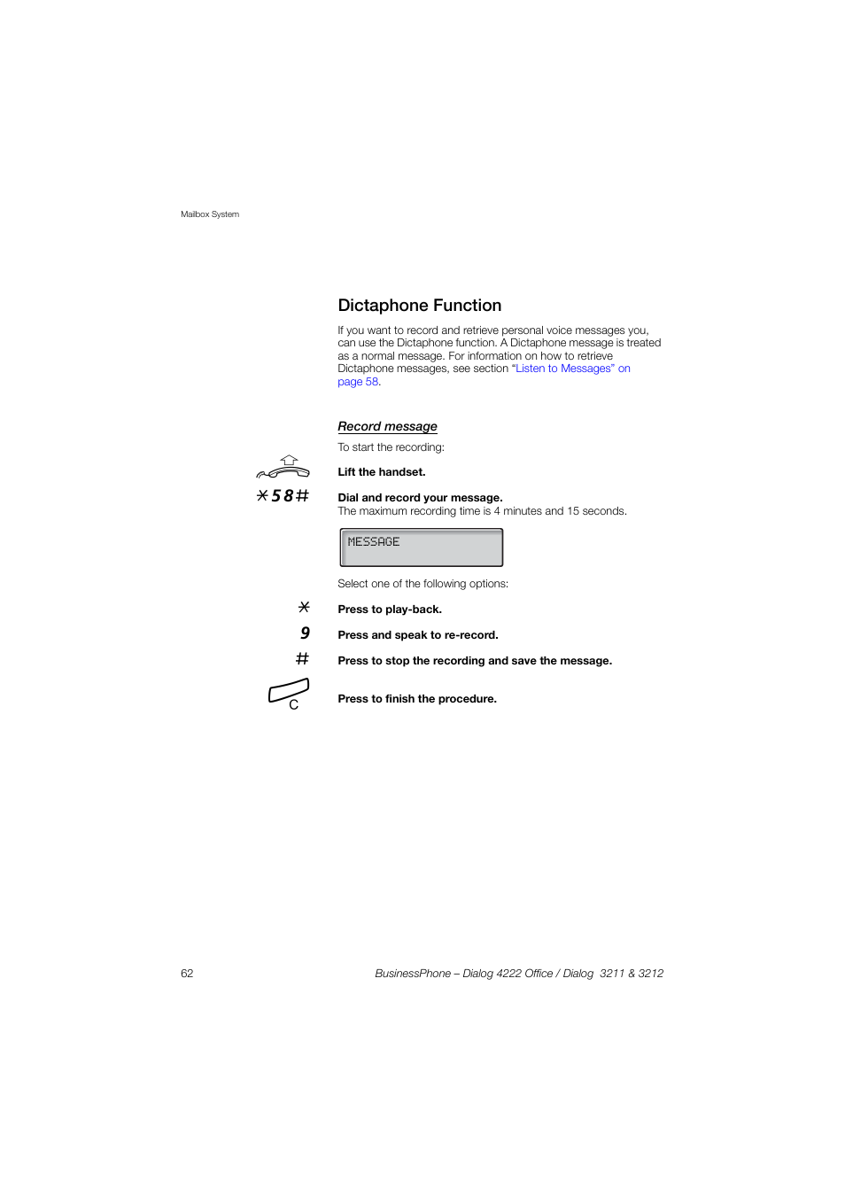 Dictaphone function, Record message | AASTRA 4222 Office for BusinessPhone User Guide EN User Manual | Page 62 / 124