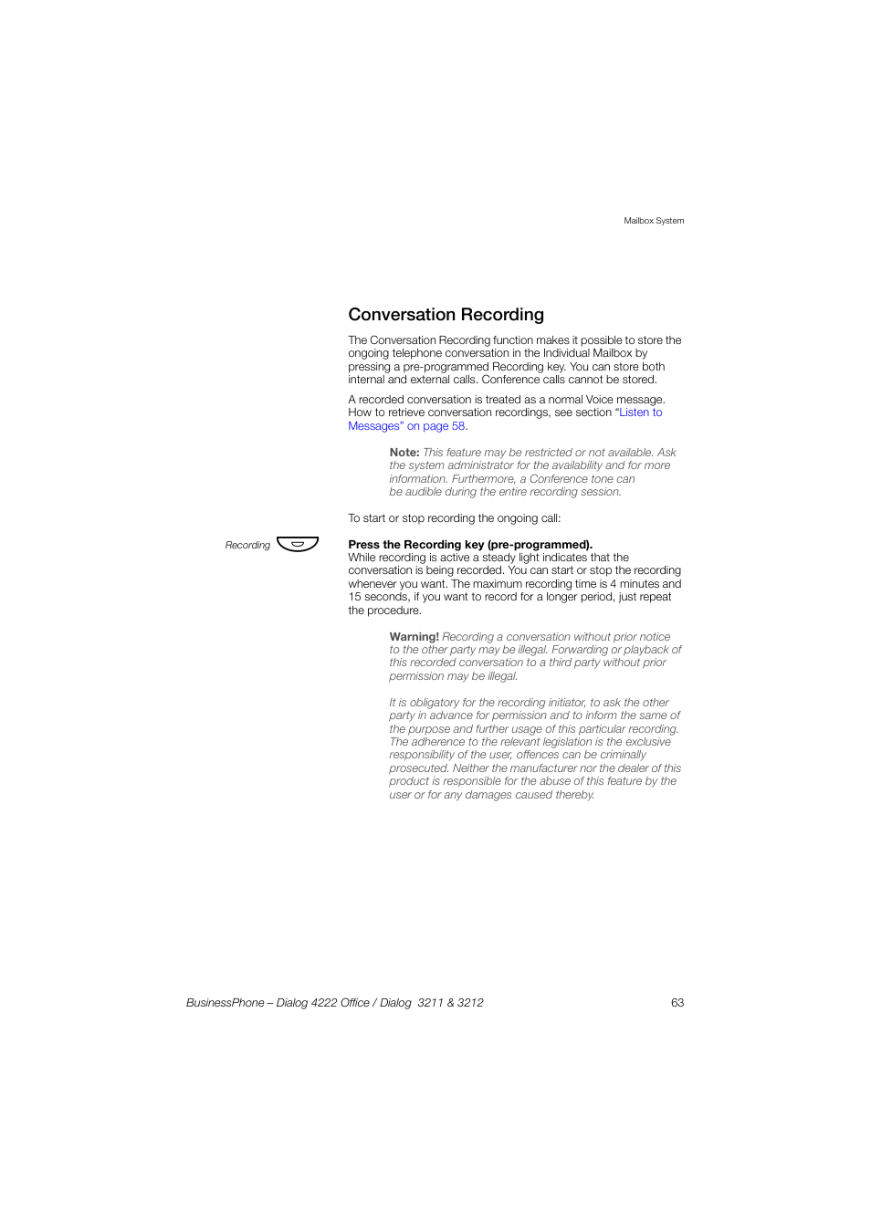Conversation recording | AASTRA 4222 Office for BusinessPhone User Guide EN User Manual | Page 63 / 124