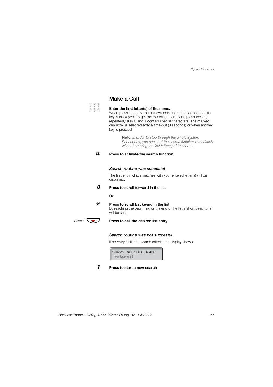 Make a call, Search routine was succesful, Search routine was not succesful | AASTRA 4222 Office for BusinessPhone User Guide EN User Manual | Page 65 / 124