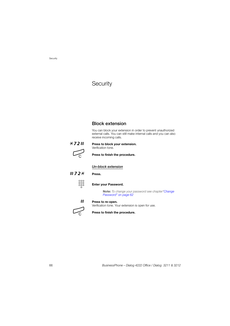 Security, Block extension, Un-block extension | AASTRA 4222 Office for BusinessPhone User Guide EN User Manual | Page 66 / 124