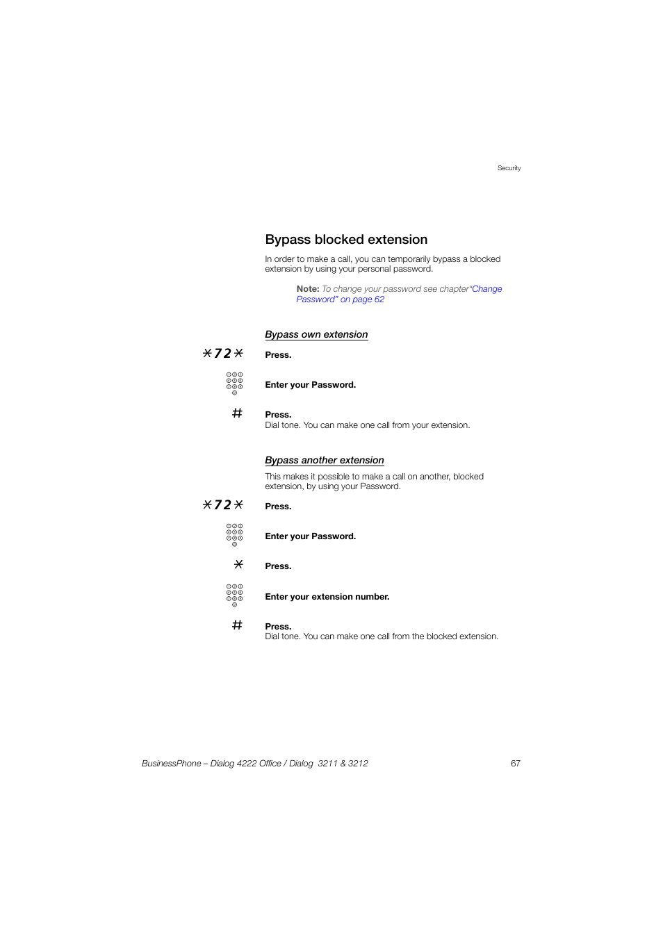 Bypass blocked extension, Bypass own extension, Bypass another extension | AASTRA 4222 Office for BusinessPhone User Guide EN User Manual | Page 67 / 124