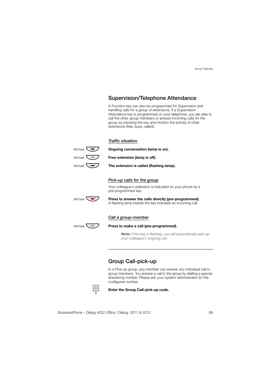 Supervision/telephone attendance, Traffic situation, Pick-up calls for the group | Call a group-member, Group call-pick-up | AASTRA 4222 Office for BusinessPhone User Guide EN User Manual | Page 69 / 124