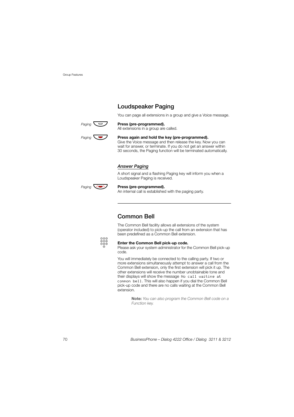 Loudspeaker paging, Answer paging, Common bell | AASTRA 4222 Office for BusinessPhone User Guide EN User Manual | Page 70 / 124