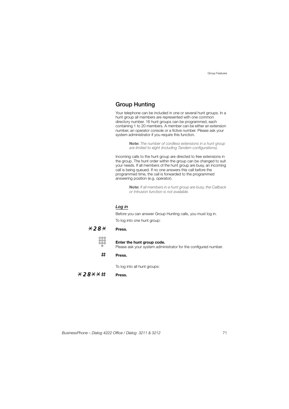 Group hunting, Log in | AASTRA 4222 Office for BusinessPhone User Guide EN User Manual | Page 71 / 124