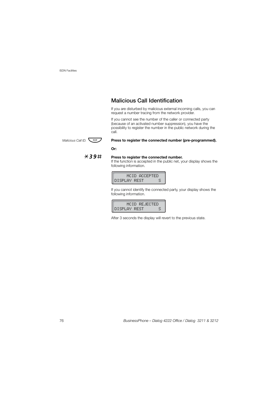 Malicious call identification | AASTRA 4222 Office for BusinessPhone User Guide EN User Manual | Page 76 / 124