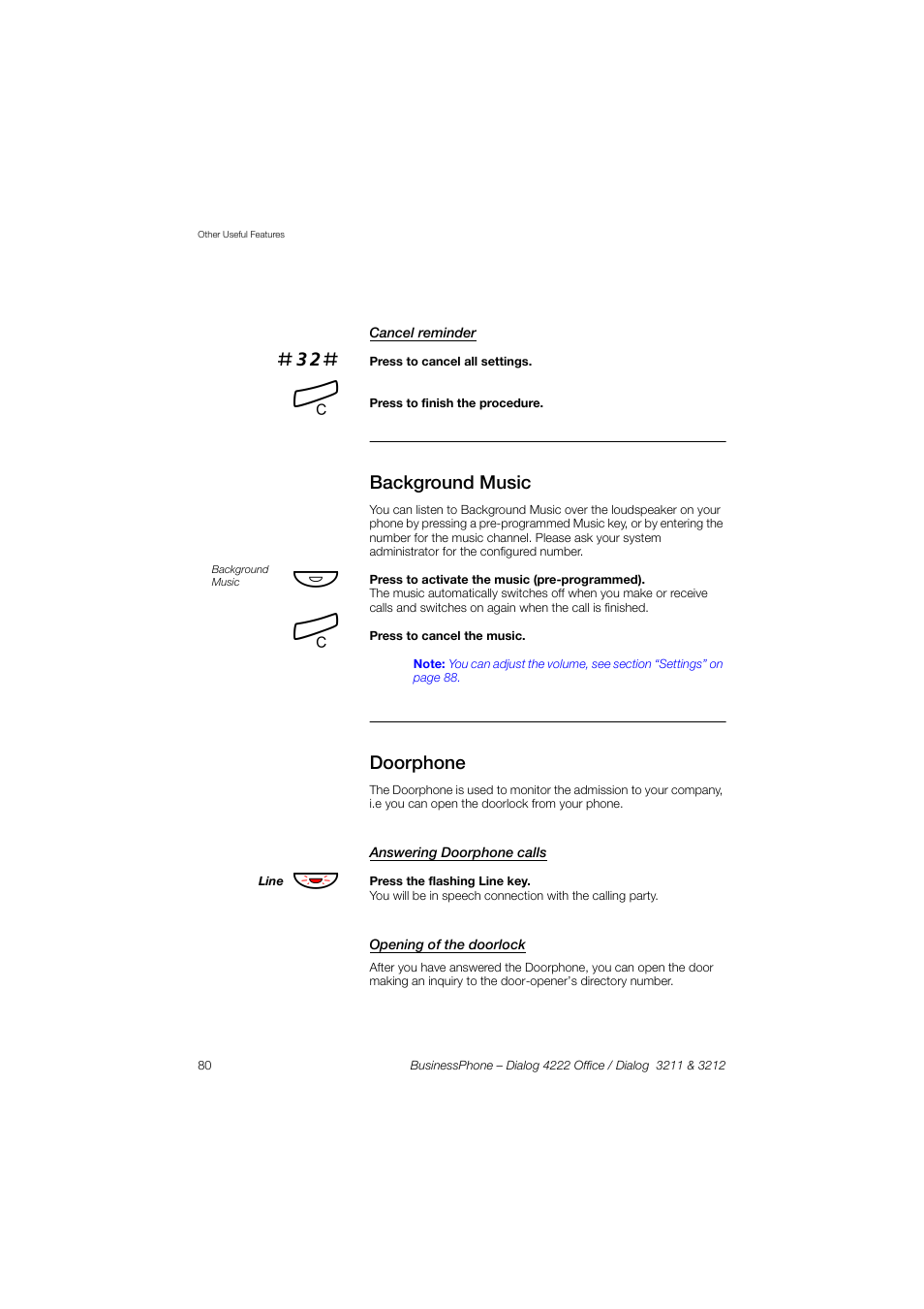 Cancel reminder, Background music, Doorphone | Answering doorphone calls, Opening of the doorlock | AASTRA 4222 Office for BusinessPhone User Guide EN User Manual | Page 80 / 124