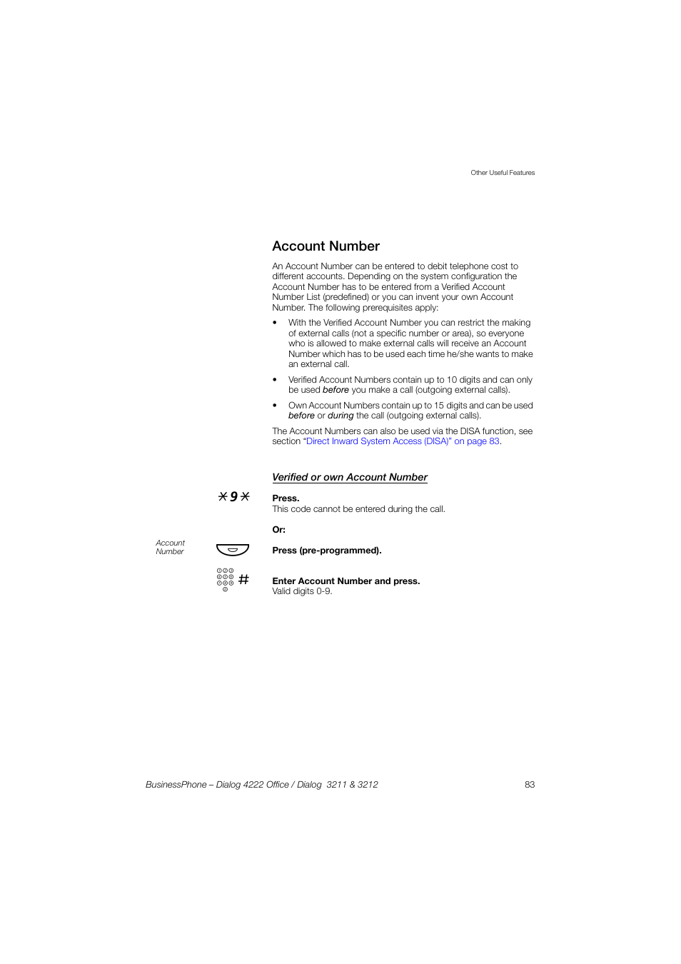 Account number, Verified or own account number | AASTRA 4222 Office for BusinessPhone User Guide EN User Manual | Page 83 / 124