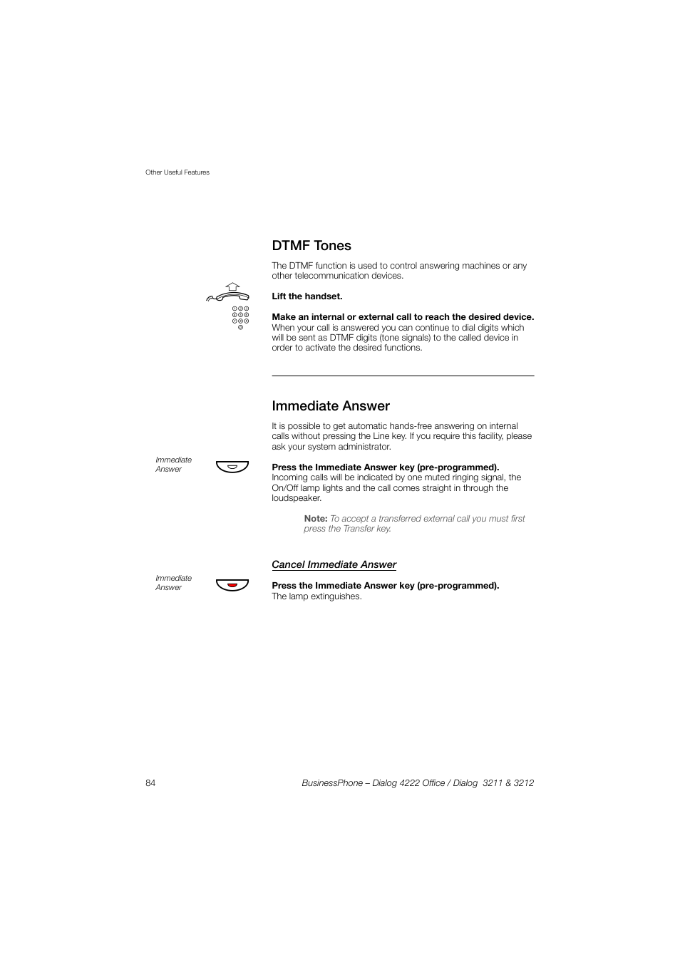 Dtmf tones, Immediate answer, Cancel immediate answer | AASTRA 4222 Office for BusinessPhone User Guide EN User Manual | Page 84 / 124