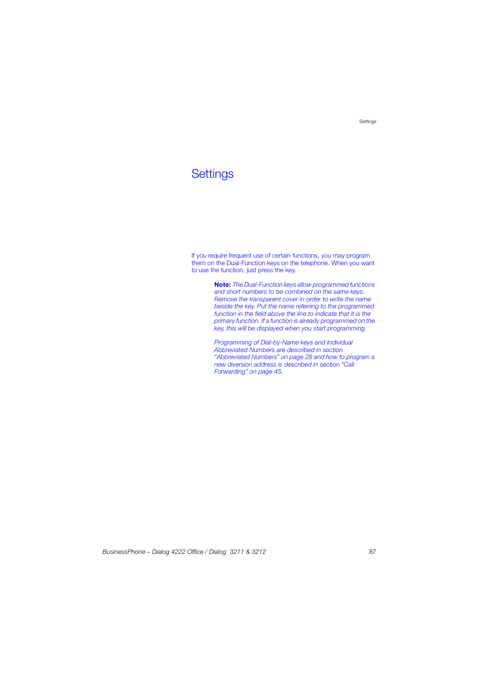 Settings, Ion “settings” on, Settings” on | AASTRA 4222 Office for BusinessPhone User Guide EN User Manual | Page 87 / 124