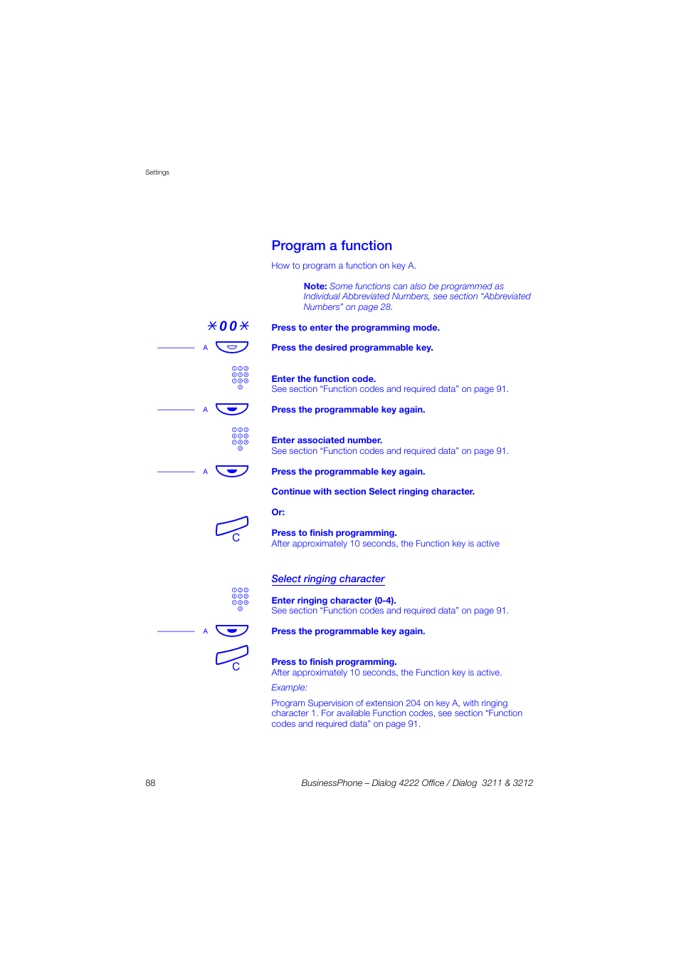 Program a function, Select ringing character, Ion “program a | A õô | AASTRA 4222 Office for BusinessPhone User Guide EN User Manual | Page 88 / 124