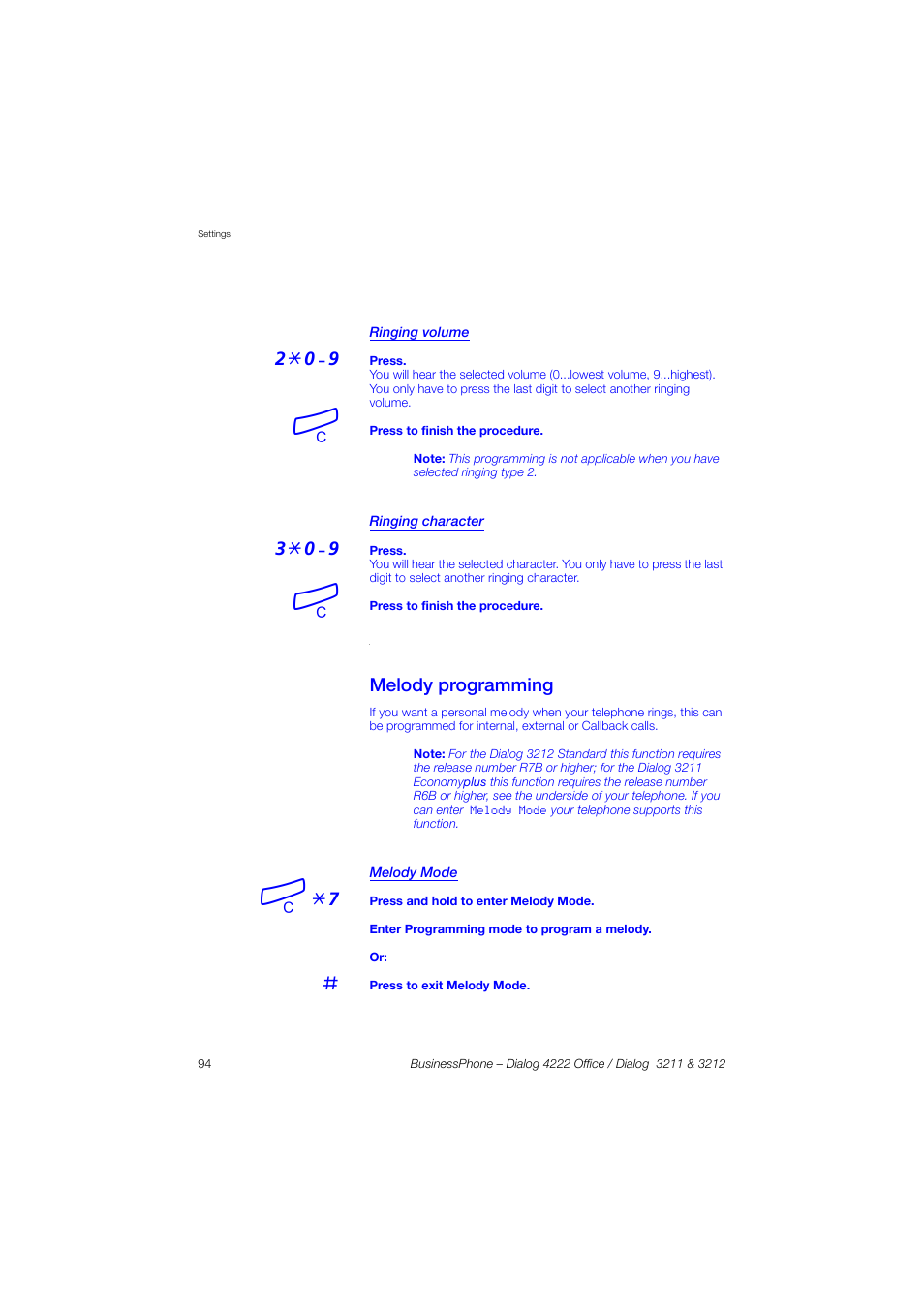 Ringing volume, Ringing character, Melody programming | Melody mode, Í *7 | AASTRA 4222 Office for BusinessPhone User Guide EN User Manual | Page 94 / 124