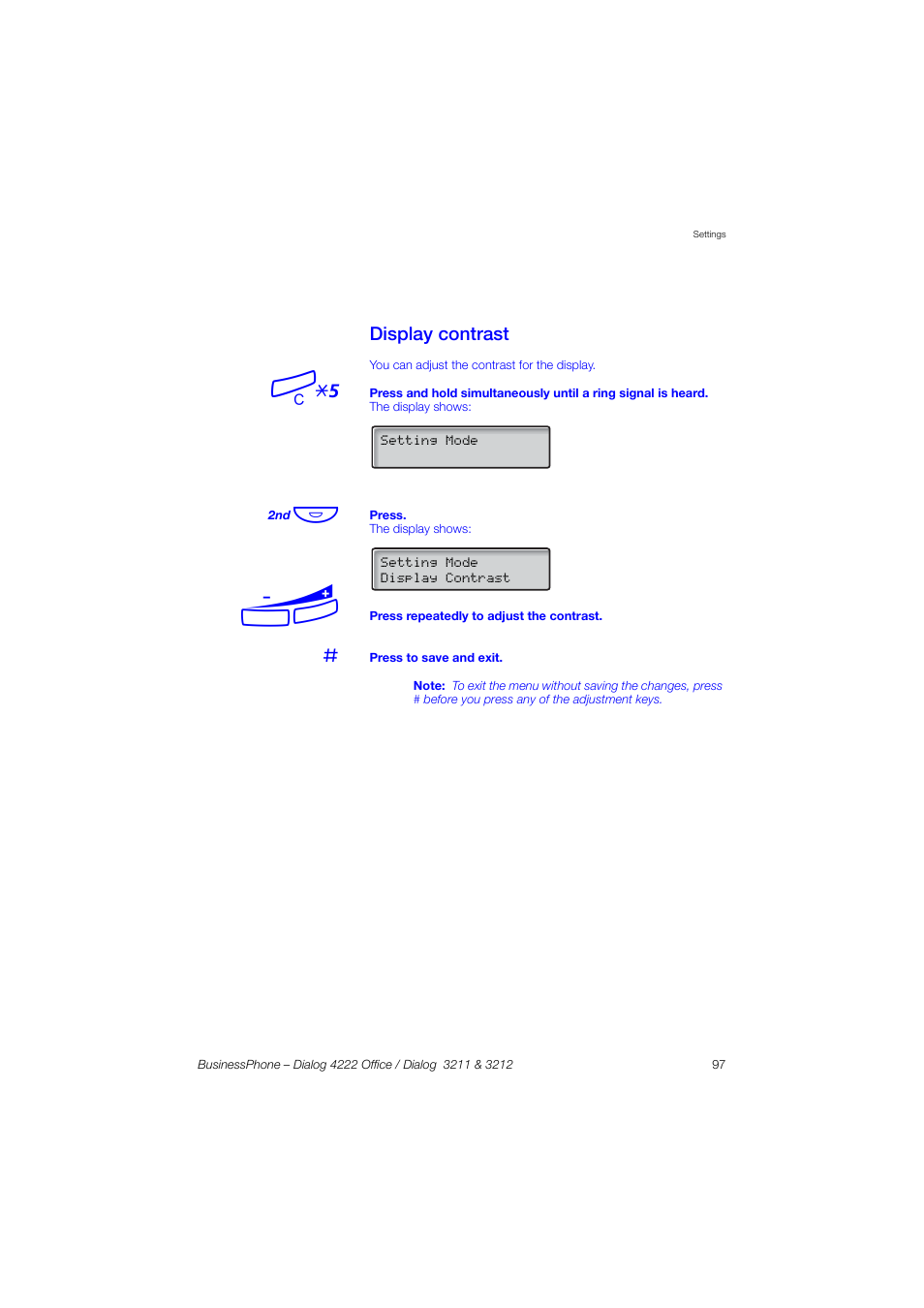Display contrast | AASTRA 4222 Office for BusinessPhone User Guide EN User Manual | Page 97 / 124