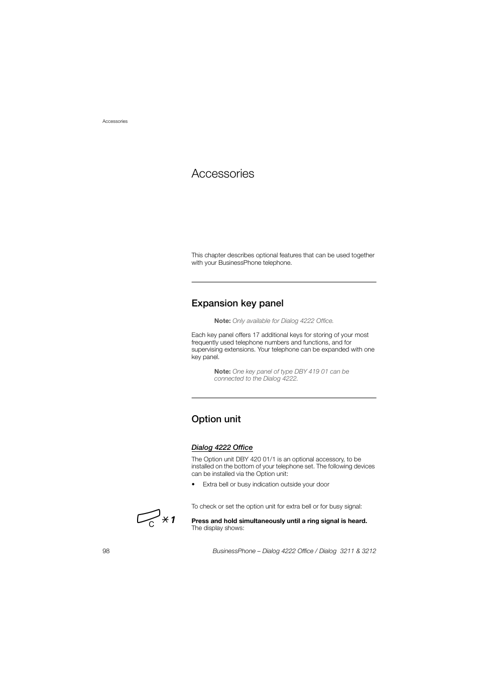 Accessories, Expansion key panel, Option unit | Dialog 4222 office, Section | AASTRA 4222 Office for BusinessPhone User Guide EN User Manual | Page 98 / 124