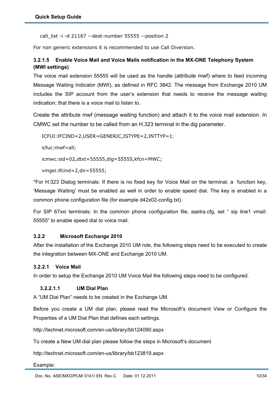 2 microsoft exchange 2010, 1 voice mail, 1 um dial plan | AASTRA MX-ONE V4 with Exchange 2010 Quick Setup Guide User Manual | Page 10 / 34