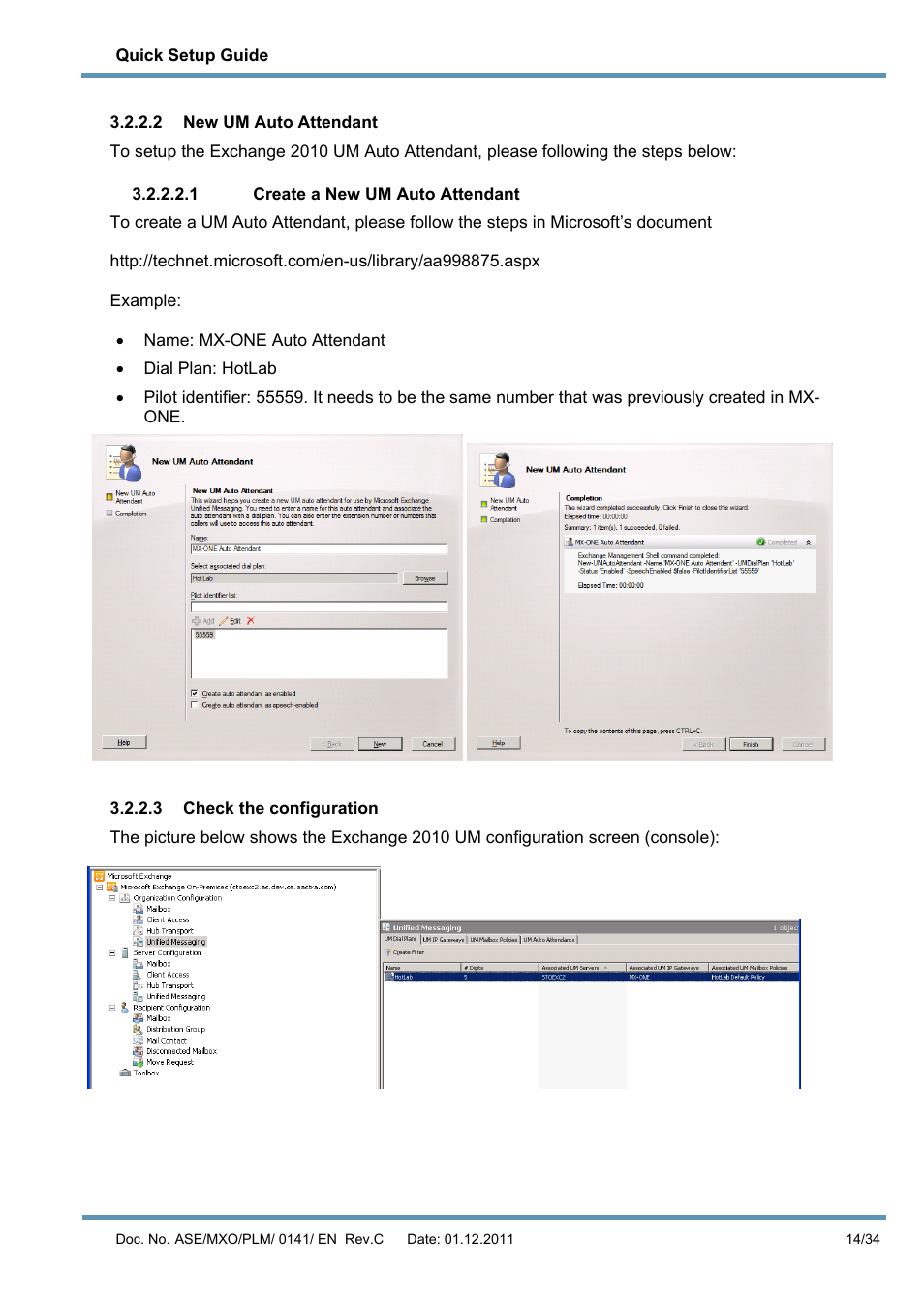 2 new um auto attendant, 1 create a new um auto attendant, 3 check the configuration | AASTRA MX-ONE V4 with Exchange 2010 Quick Setup Guide User Manual | Page 14 / 34