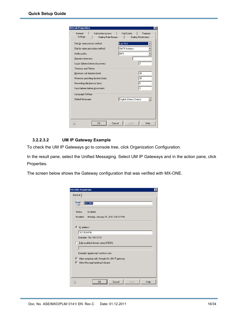 2 um ip gateway example | AASTRA MX-ONE V4 with Exchange 2010 Quick Setup Guide User Manual | Page 16 / 34