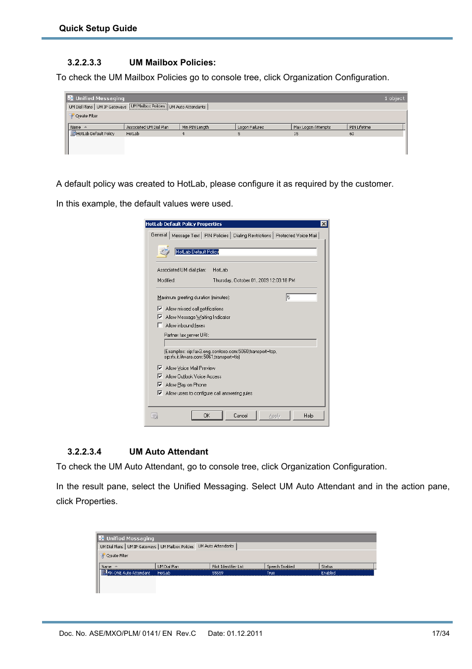 3 um mailbox policies, 4 um auto attendant | AASTRA MX-ONE V4 with Exchange 2010 Quick Setup Guide User Manual | Page 17 / 34