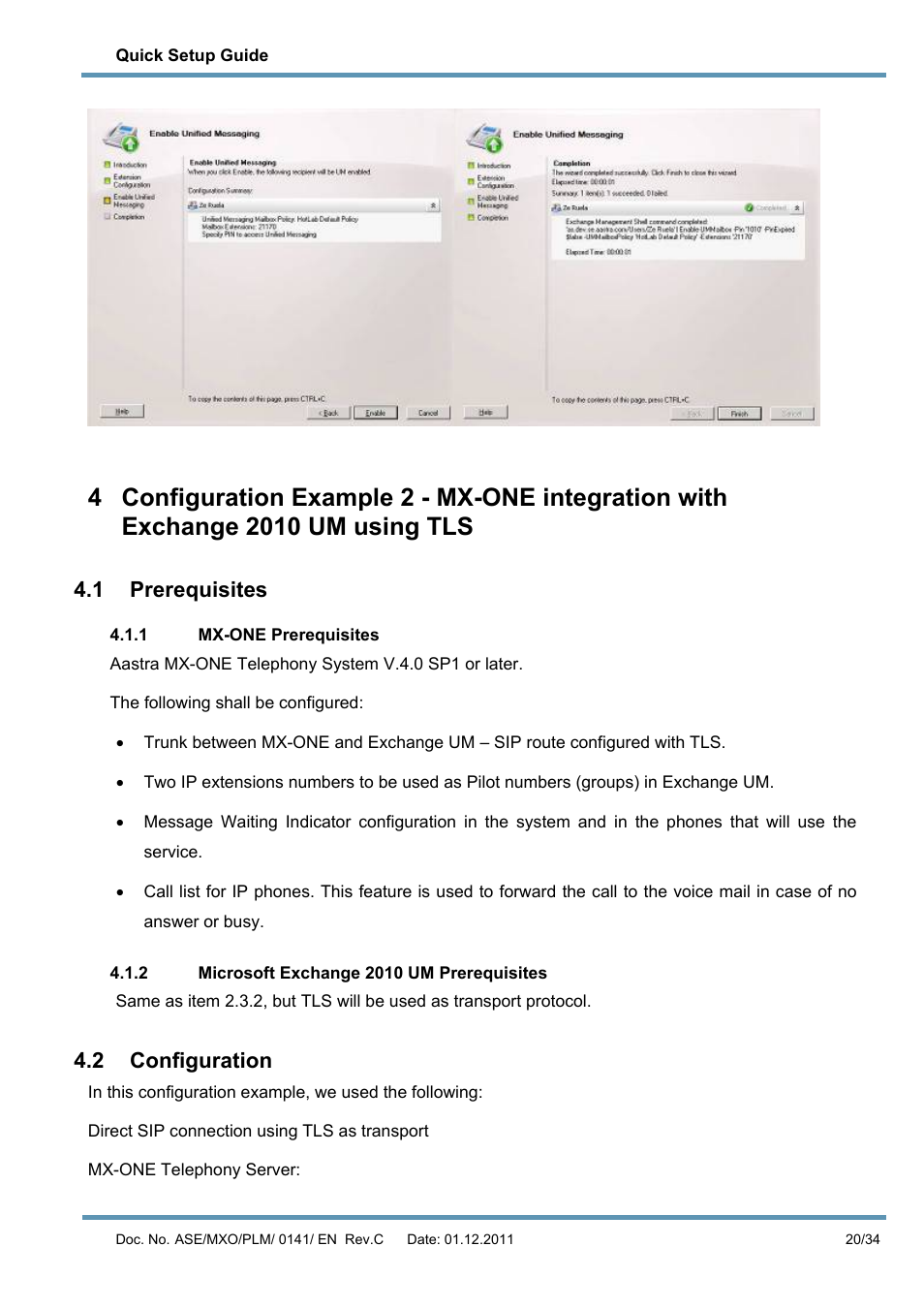 1 prerequisites, 1 mx-one prerequisites, 2 microsoft exchange 2010 um prerequisites | 2 configuration, Um using tls, Prerequisites, Configuration | AASTRA MX-ONE V4 with Exchange 2010 Quick Setup Guide User Manual | Page 20 / 34