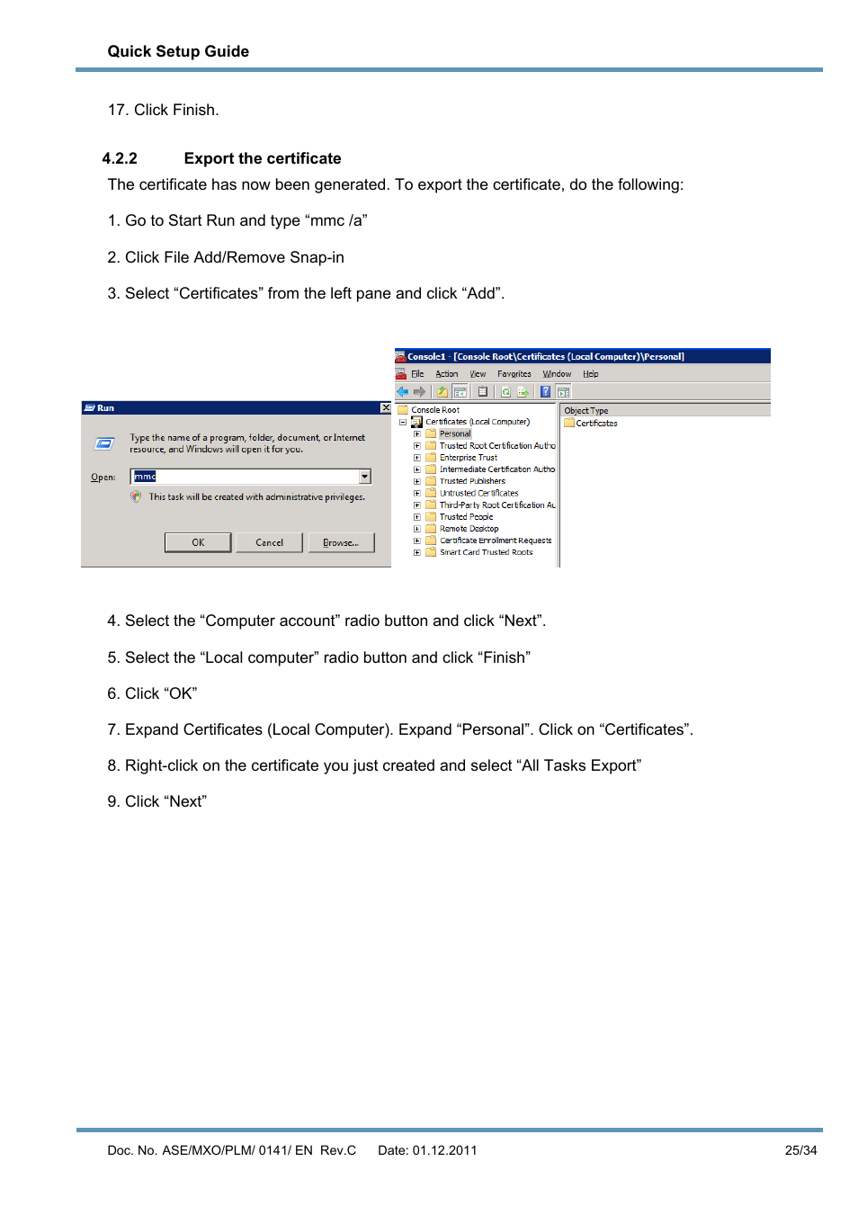 2 export the certificate | AASTRA MX-ONE V4 with Exchange 2010 Quick Setup Guide User Manual | Page 25 / 34
