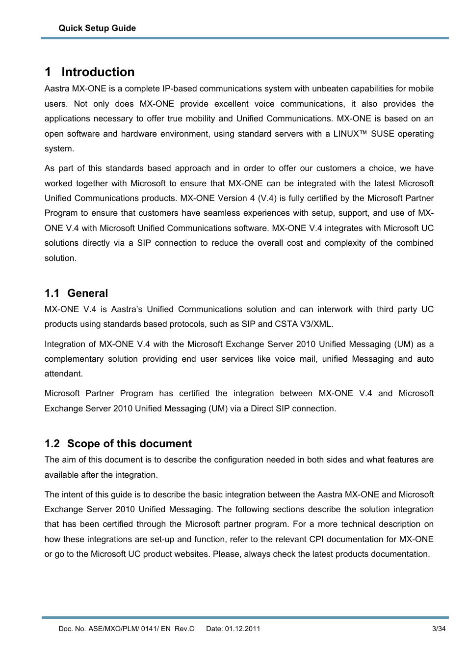 1 introduction, 1 general, 2 scope of this document | Introduction, General, Scope of this document | AASTRA MX-ONE V4 with Exchange 2010 Quick Setup Guide User Manual | Page 3 / 34