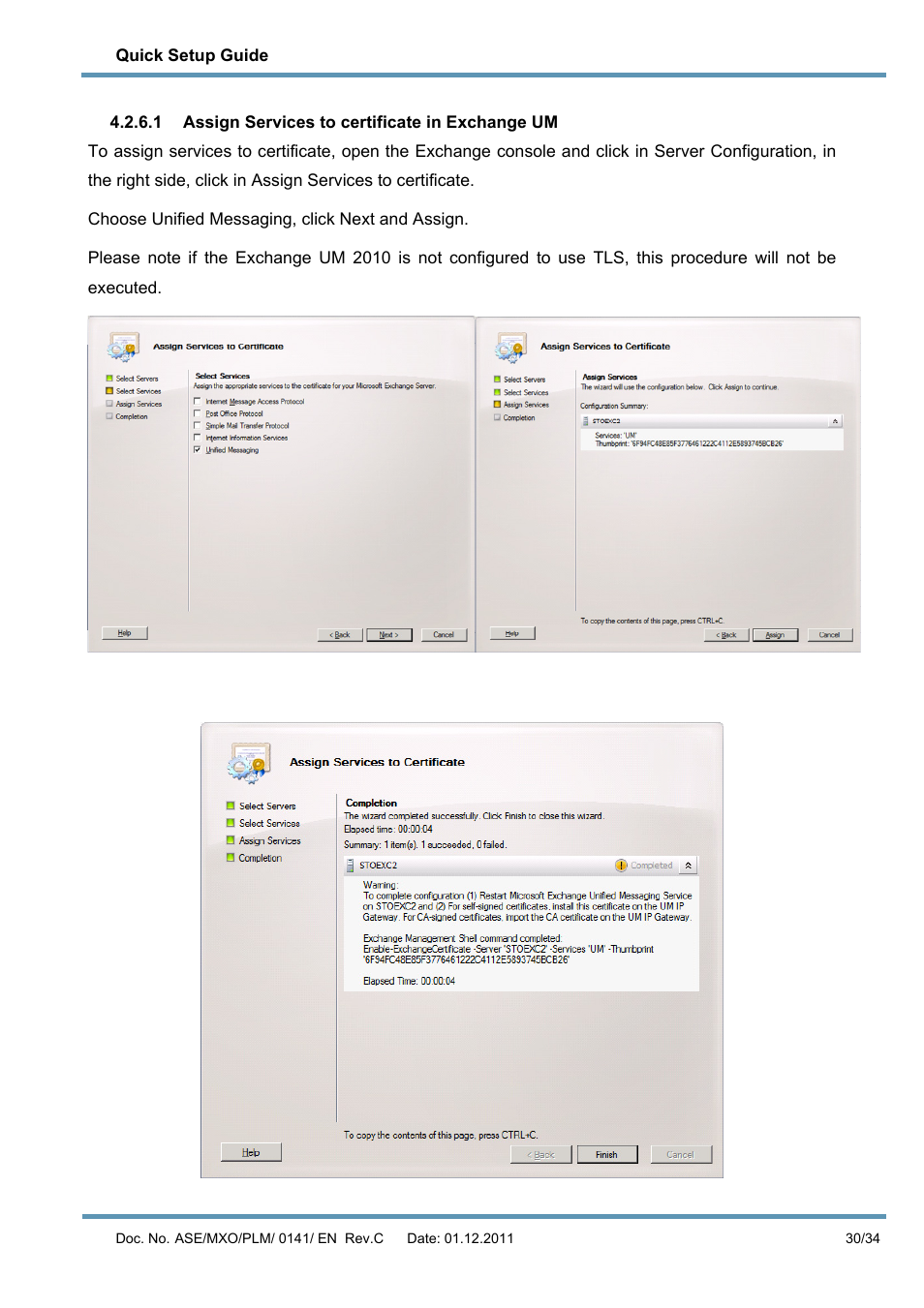 1 assign services to certificate in exchange um | AASTRA MX-ONE V4 with Exchange 2010 Quick Setup Guide User Manual | Page 30 / 34