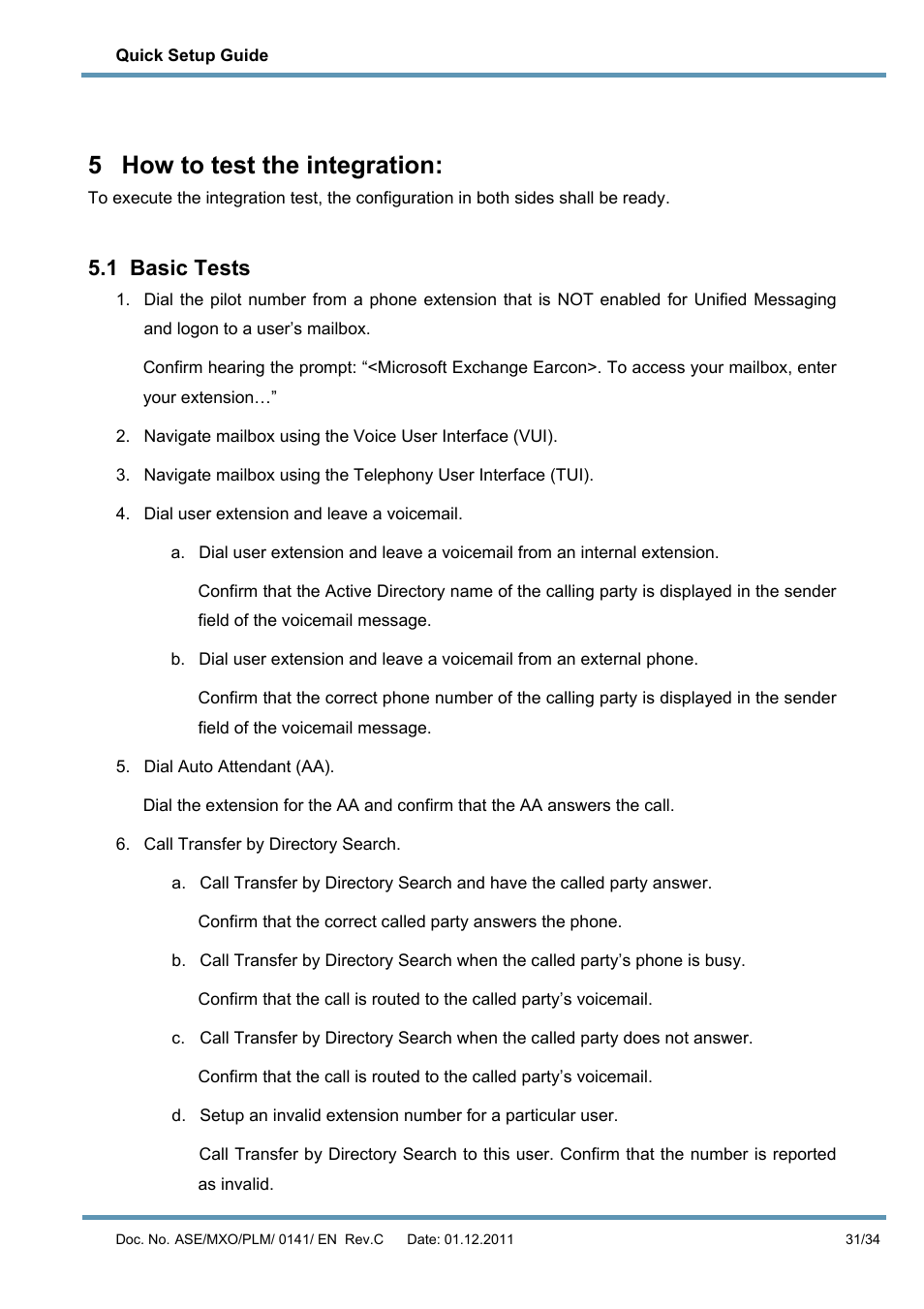 5 how to test the integration, 1 basic tests, How to test the integration: 31 | Basic tests | AASTRA MX-ONE V4 with Exchange 2010 Quick Setup Guide User Manual | Page 31 / 34