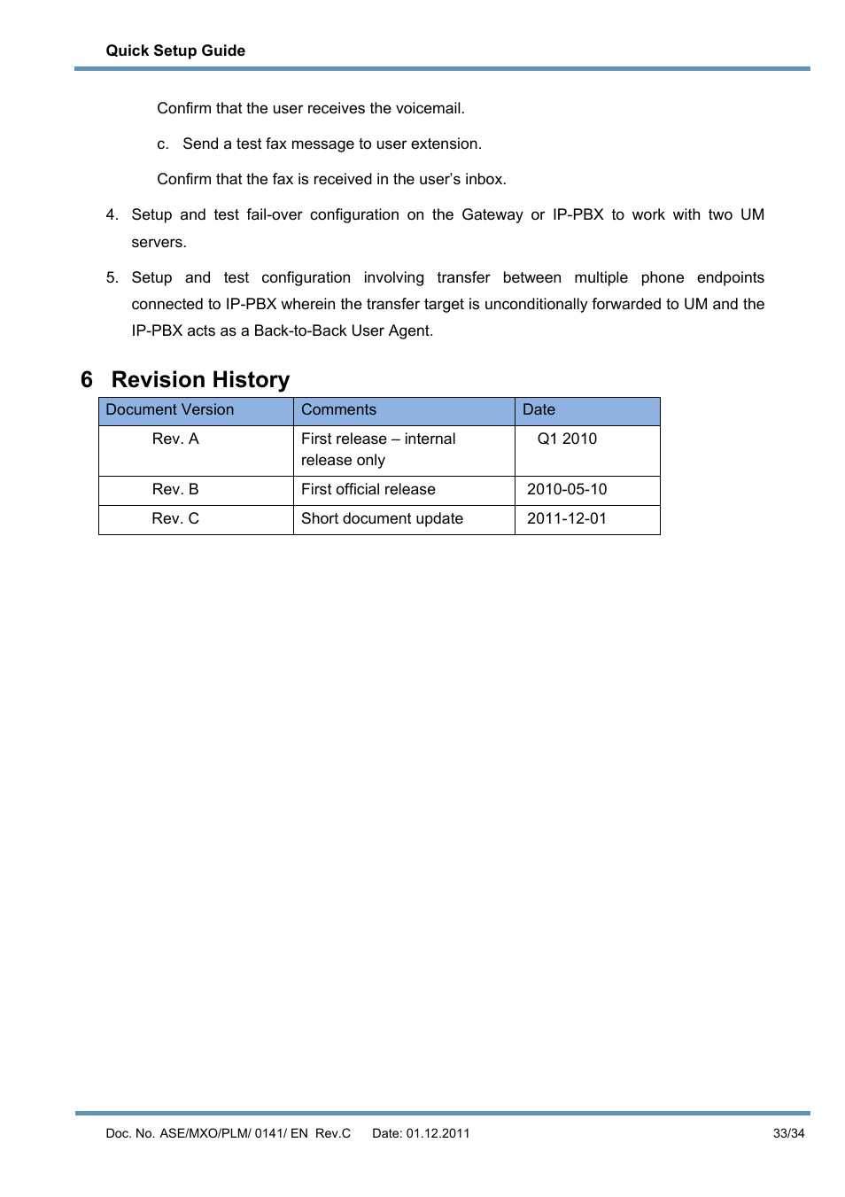6 revision history, Revision history 33 | AASTRA MX-ONE V4 with Exchange 2010 Quick Setup Guide User Manual | Page 33 / 34