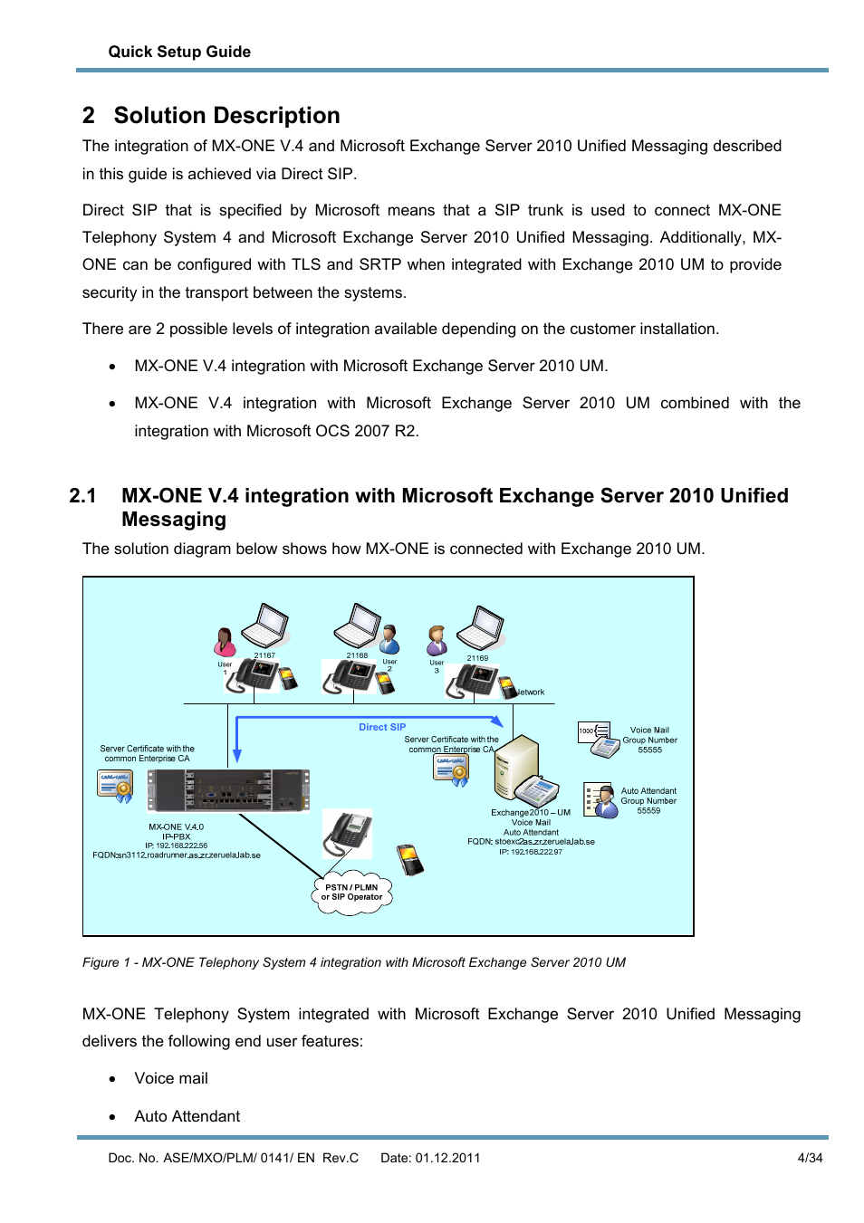2 solution description, Solution description | AASTRA MX-ONE V4 with Exchange 2010 Quick Setup Guide User Manual | Page 4 / 34