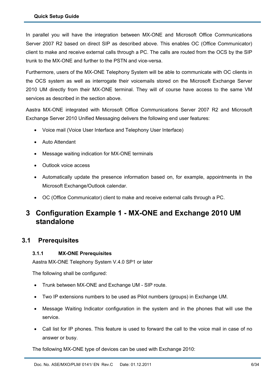 1 prerequisites, 1 mx-one prerequisites, Standalone | Prerequisites | AASTRA MX-ONE V4 with Exchange 2010 Quick Setup Guide User Manual | Page 6 / 34