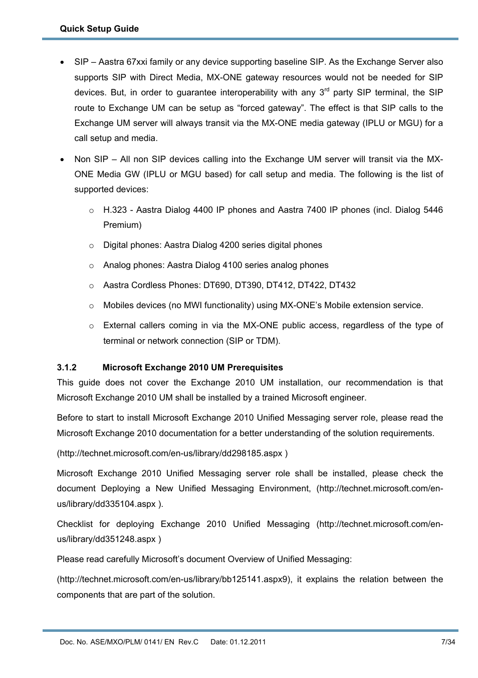 2 microsoft exchange 2010 um prerequisites | AASTRA MX-ONE V4 with Exchange 2010 Quick Setup Guide User Manual | Page 7 / 34