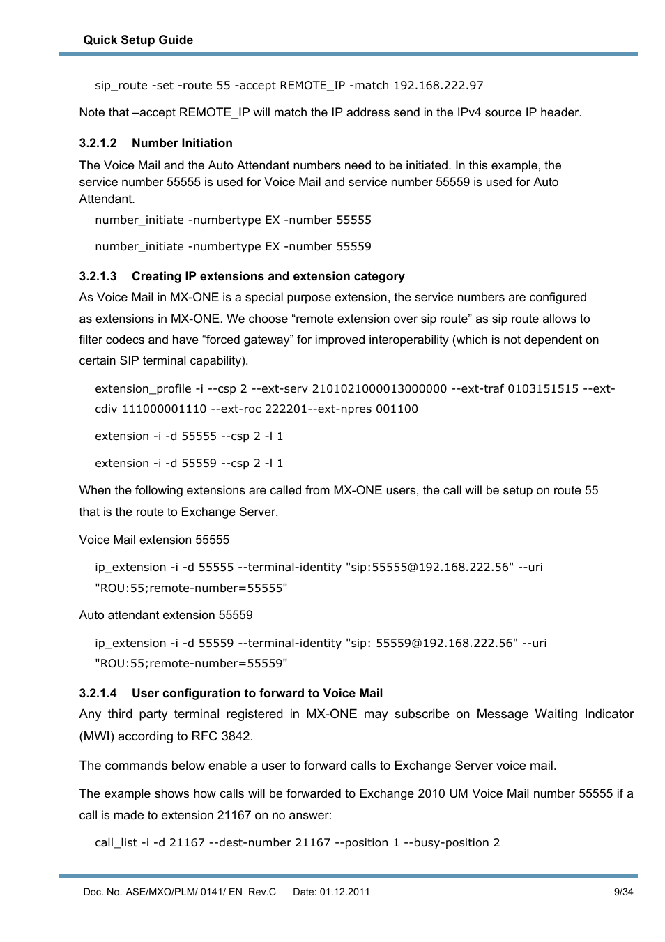 2 number initiation, 3 creating ip extensions and extension category, 4 user configuration to forward to voice mail | AASTRA MX-ONE V4 with Exchange 2010 Quick Setup Guide User Manual | Page 9 / 34