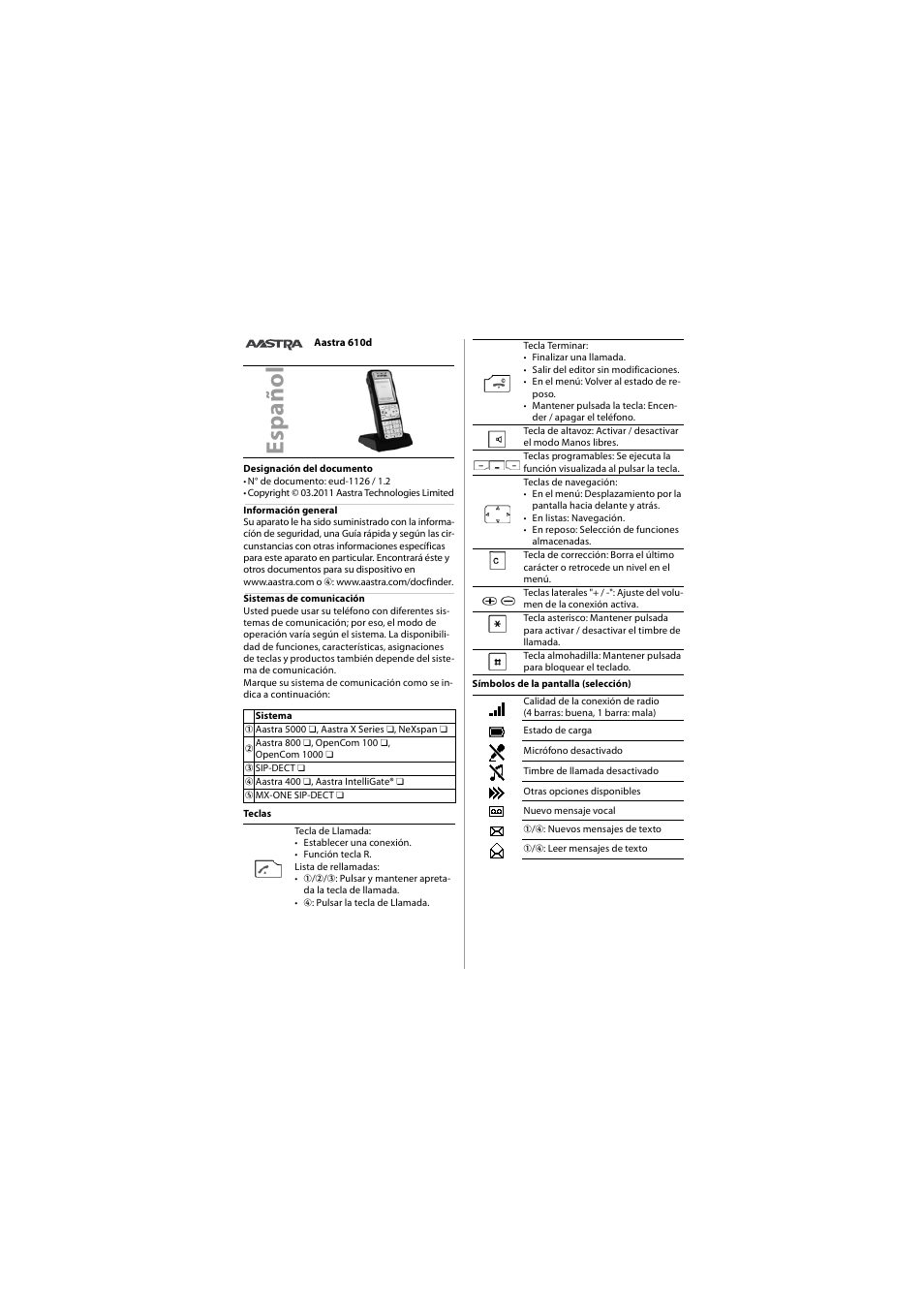 Español | AASTRA 610d for Aastra 400 Quick User Guide User Manual | Page 10 / 30