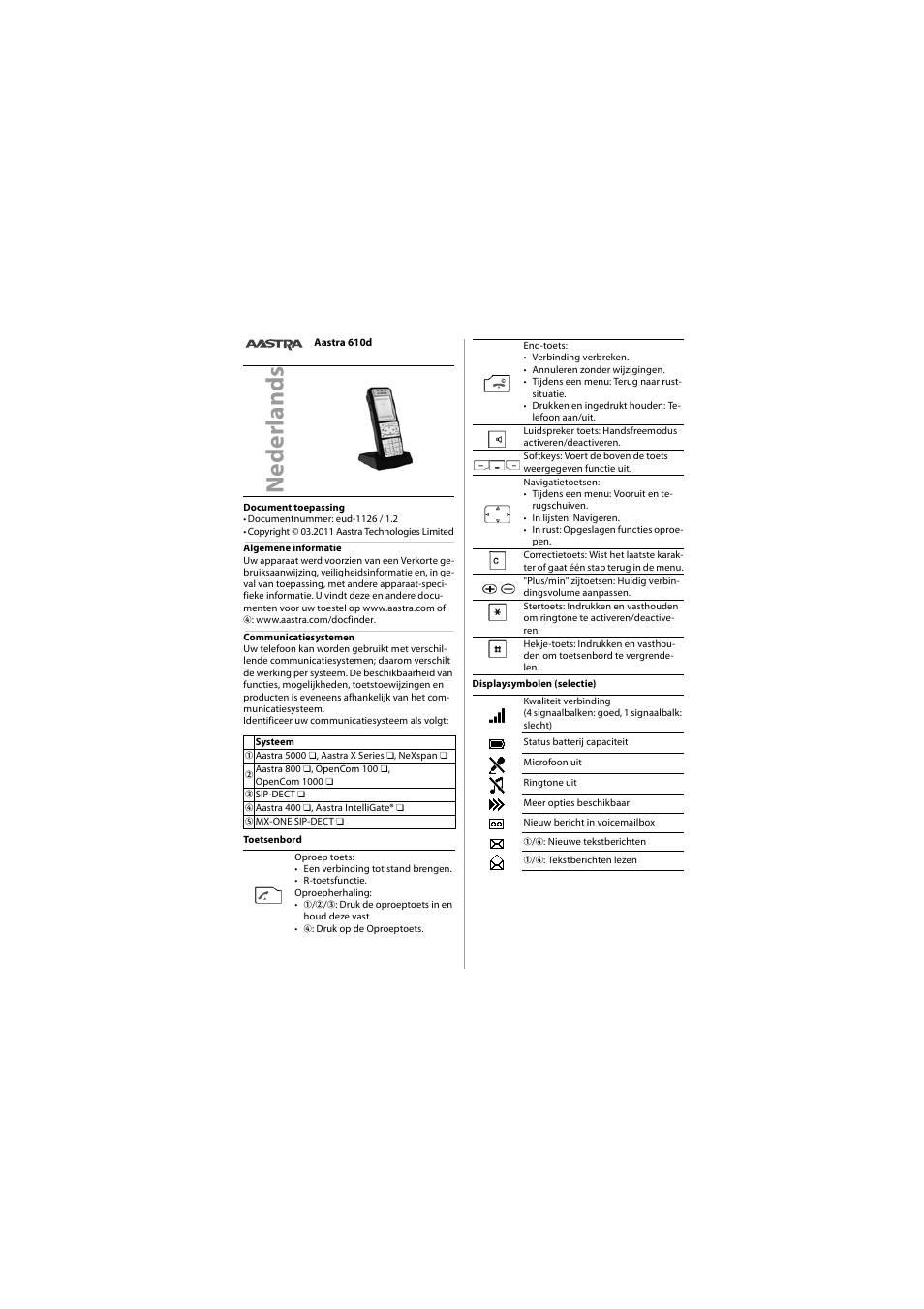 Nederlands, Neder lands | AASTRA 610d for Aastra 400 Quick User Guide User Manual | Page 14 / 30