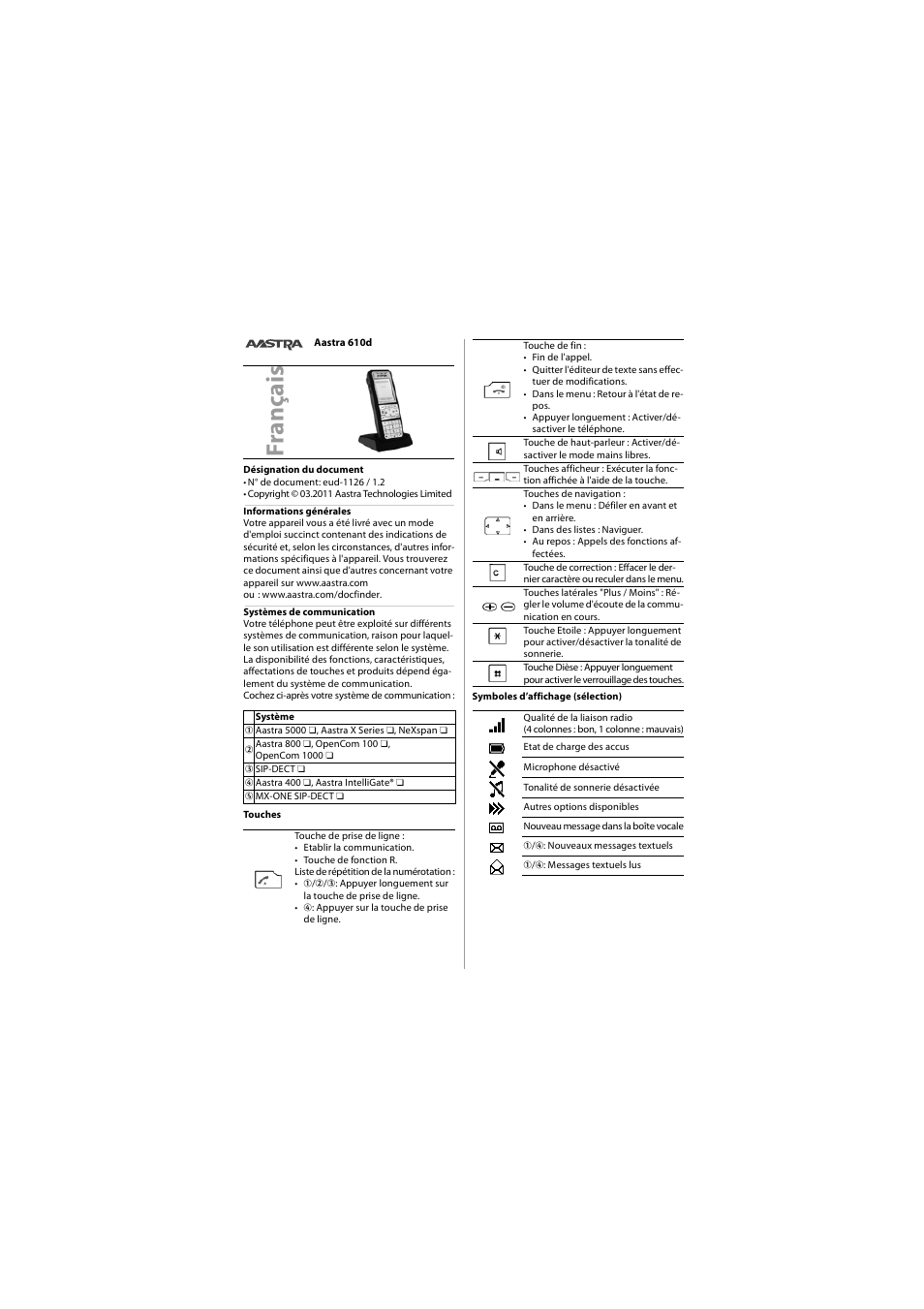 Français, Fra n ça is | AASTRA 610d for Aastra 400 Quick User Guide User Manual | Page 8 / 30