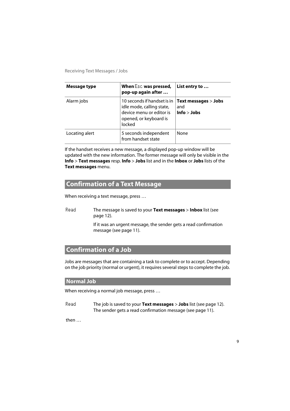 Confirmation of a text message, Confirmation of a job, Normal job | AASTRA 600d Messaging & Alerting SIP-DECT User Manual EN User Manual | Page 13 / 36