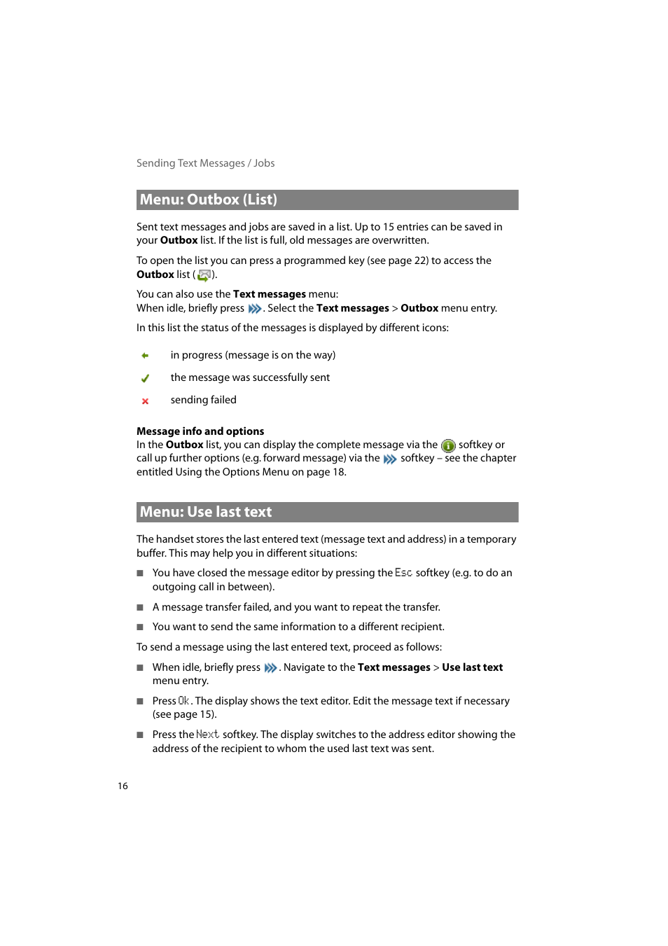 Menu: outbox (list), Menu: use last text, Menu: outbox (list) menu: use last text | AASTRA 600d Messaging & Alerting SIP-DECT User Manual EN User Manual | Page 20 / 36