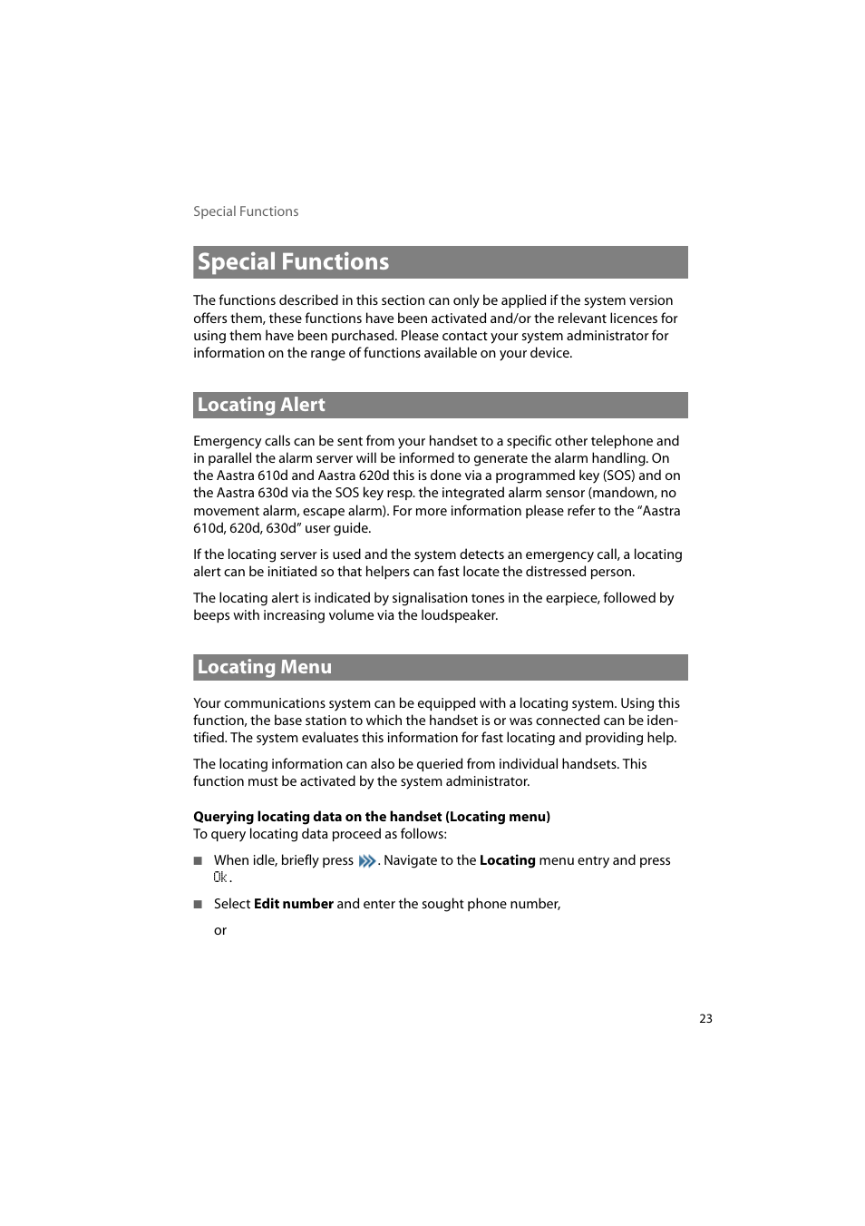 Special functions, Locating alert, Locating menu | Locating alert locating menu | AASTRA 600d Messaging & Alerting SIP-DECT User Manual EN User Manual | Page 27 / 36