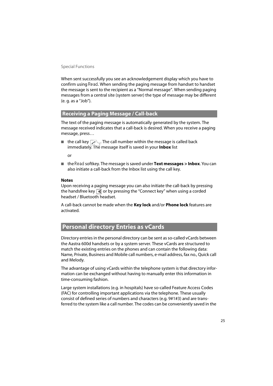 Receiving a paging message / call-back, Personal directory entries as vcards | AASTRA 600d Messaging & Alerting SIP-DECT User Manual EN User Manual | Page 29 / 36