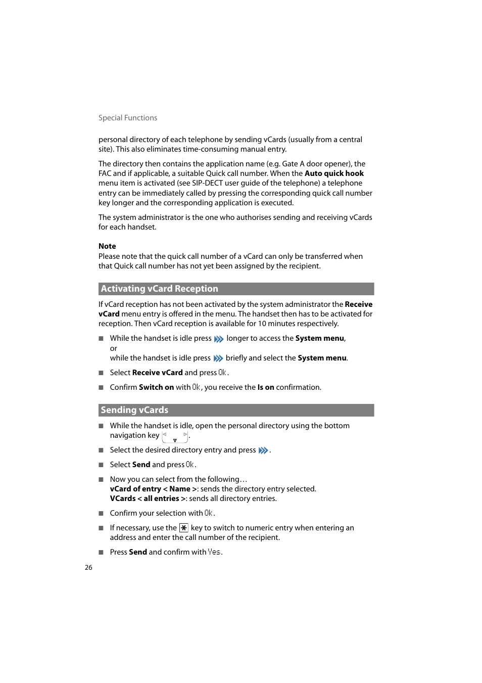 Activating vcard reception, Sending vcards, Activating vcard reception sending vcards | AASTRA 600d Messaging & Alerting SIP-DECT User Manual EN User Manual | Page 30 / 36