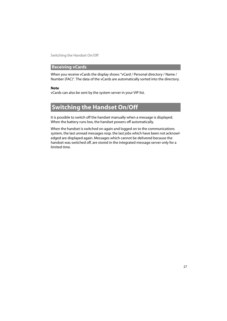 Receiving vcards, Switching the handset on/off | AASTRA 600d Messaging & Alerting SIP-DECT User Manual EN User Manual | Page 31 / 36