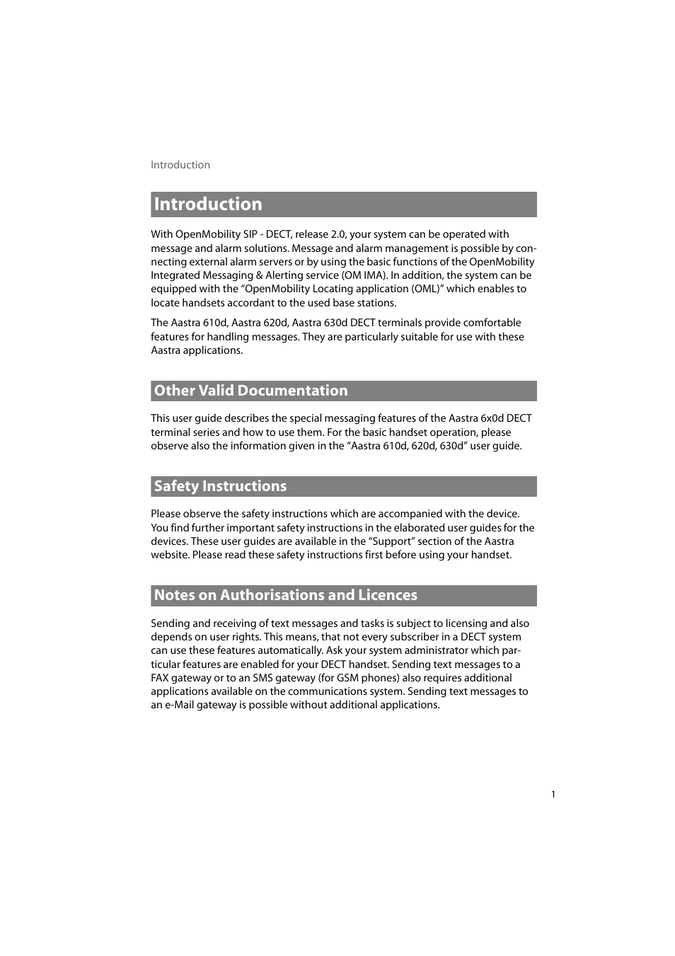 Introduction, Other valid documentation, Safety instructions | Notes on authorisations and licences | AASTRA 600d Messaging & Alerting SIP-DECT User Manual EN User Manual | Page 5 / 36