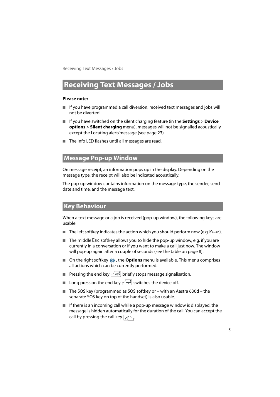 Receiving text messages / jobs, Message pop-up window, Key behaviour | Message pop-up window key behaviour | AASTRA 600d Messaging & Alerting SIP-DECT User Manual EN User Manual | Page 9 / 36