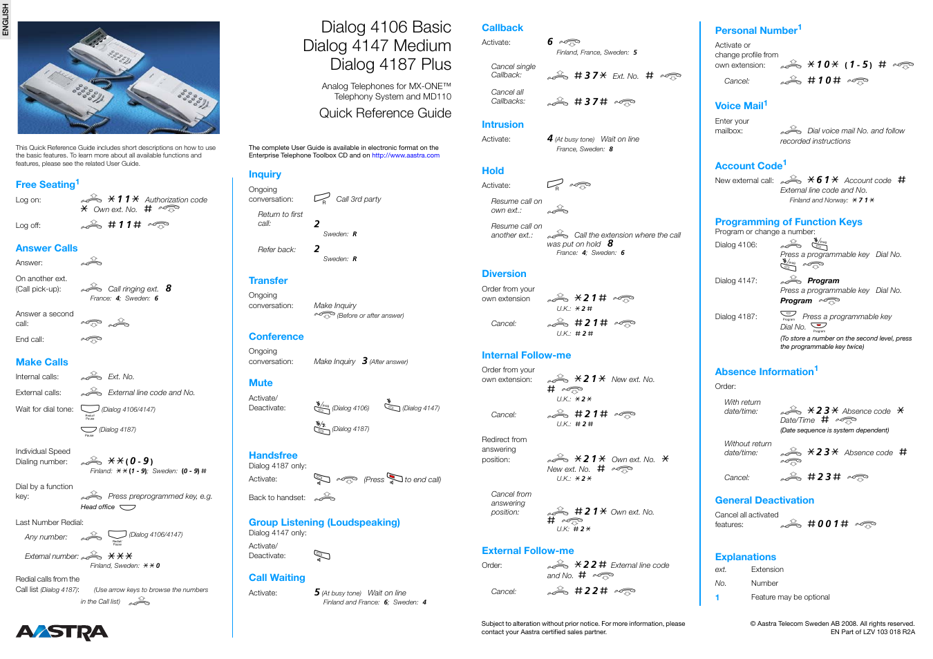 AASTRA 4187 Plus for MX-ONE Quick Reference Guide EN User Manual | 1 page