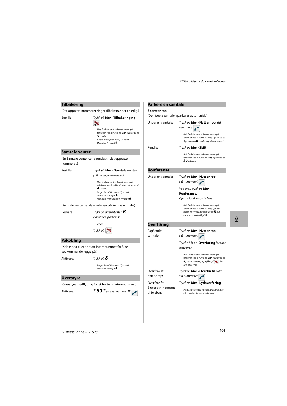 No tilbakering, Samtale venter, Påkobling | Overstyre, Parkere en samtale, Konferanse, Overføring | AASTRA DT690 for BusinessPhone Quick Reference Guide User Manual | Page 101 / 176