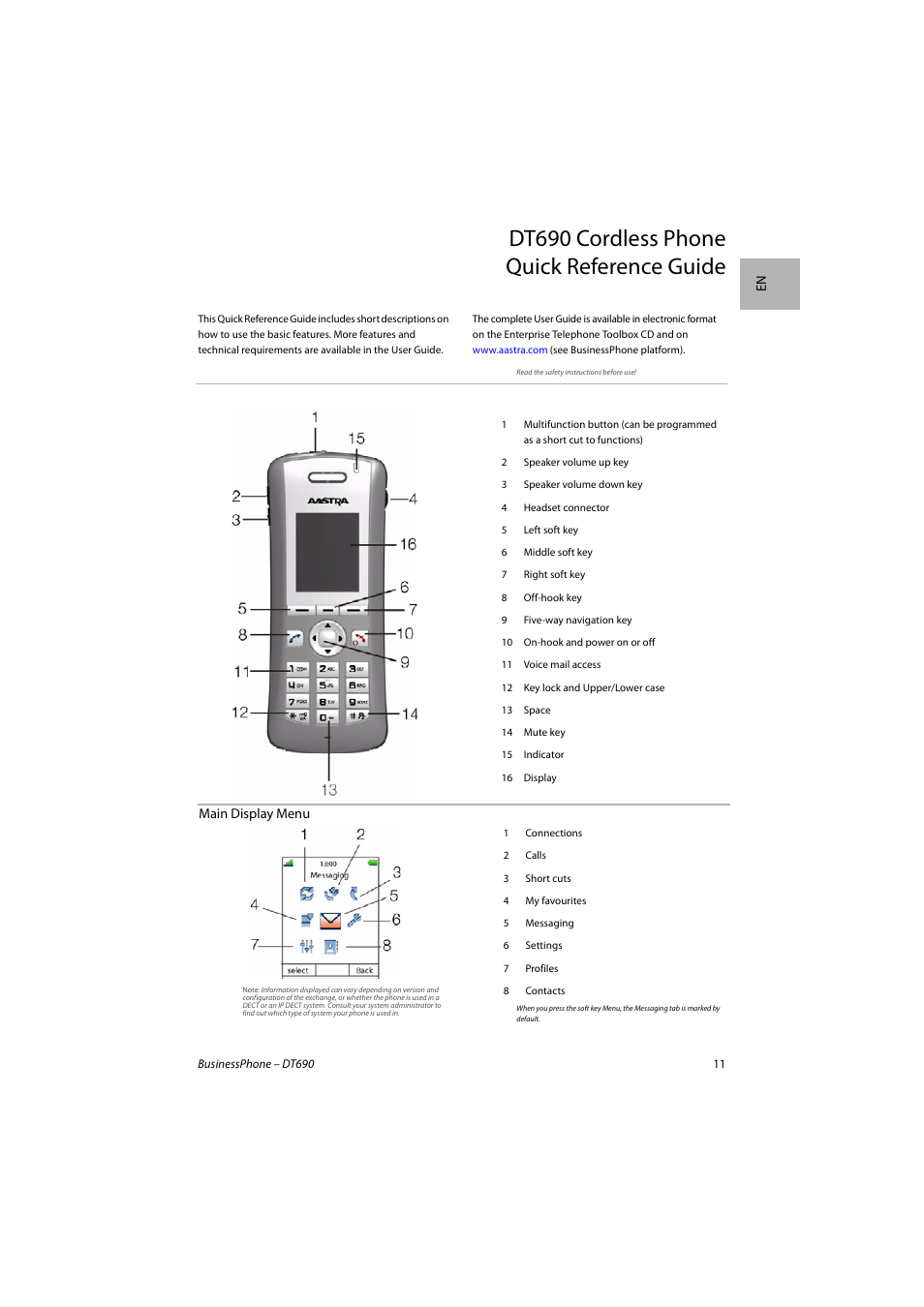 Dt690 cordless phone quick reference guide | AASTRA DT690 for BusinessPhone Quick Reference Guide User Manual | Page 11 / 176